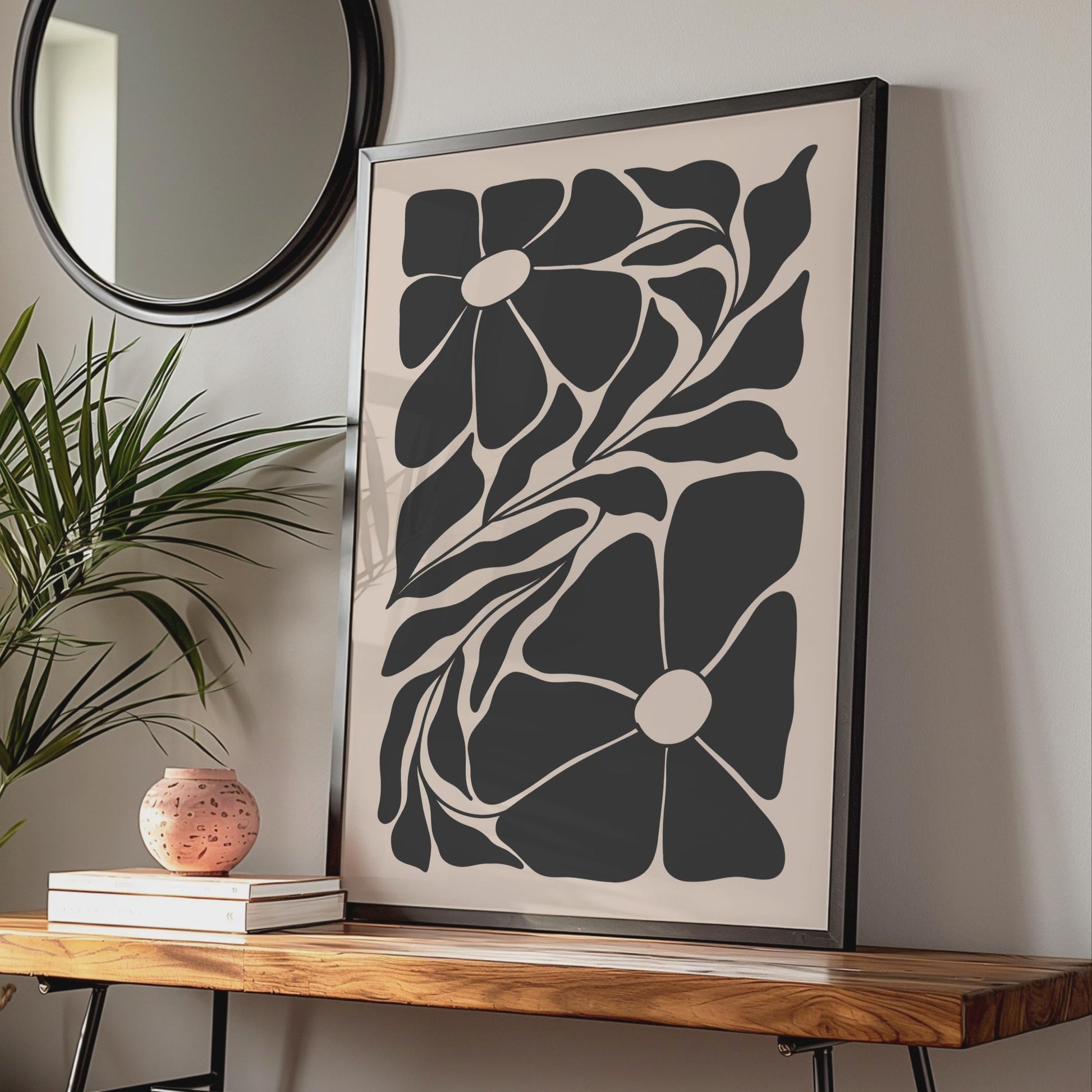 Botanical Flower Print, Black and Beige Floral Poster, Modern Wall Art for Home Decor wall art print