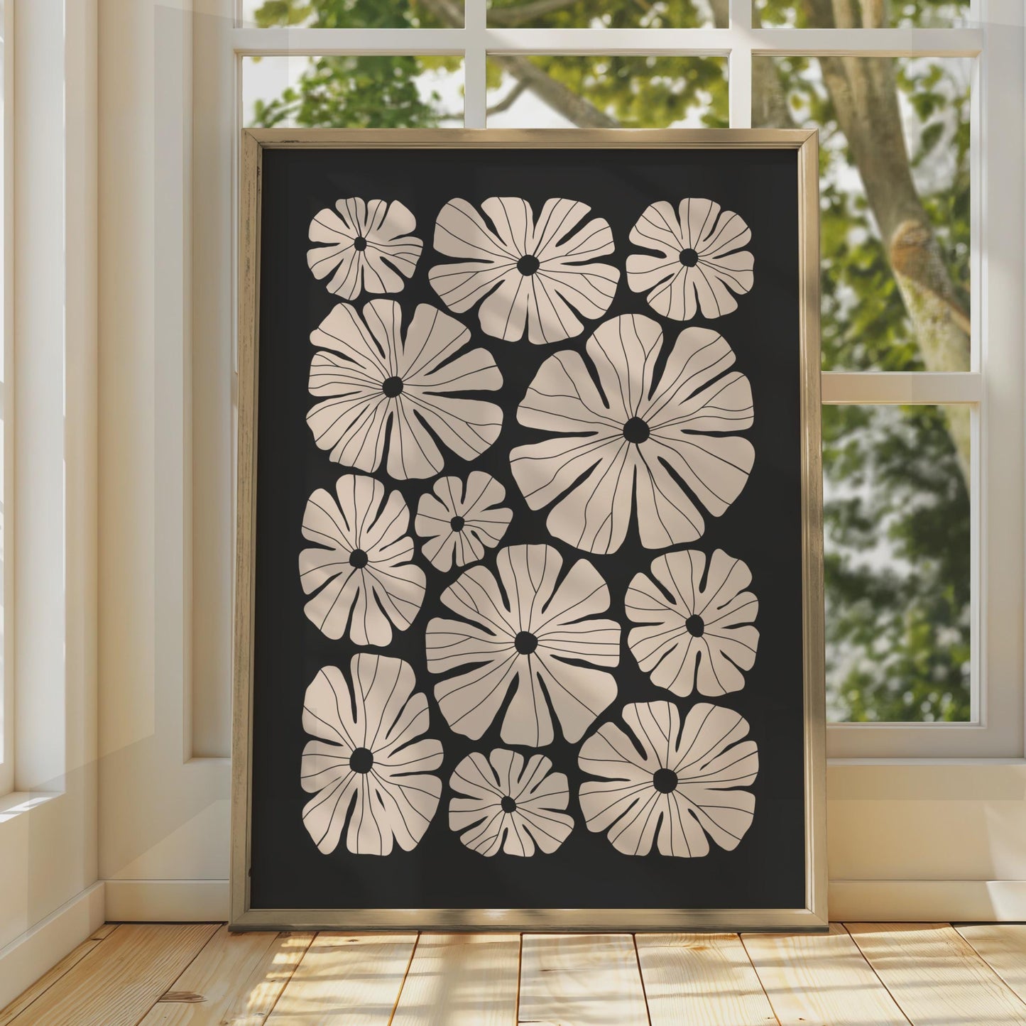 Botanical Flower Poster, Floral Wall Art, Minimalist Print, Pink Flowers on Black Background wall art print