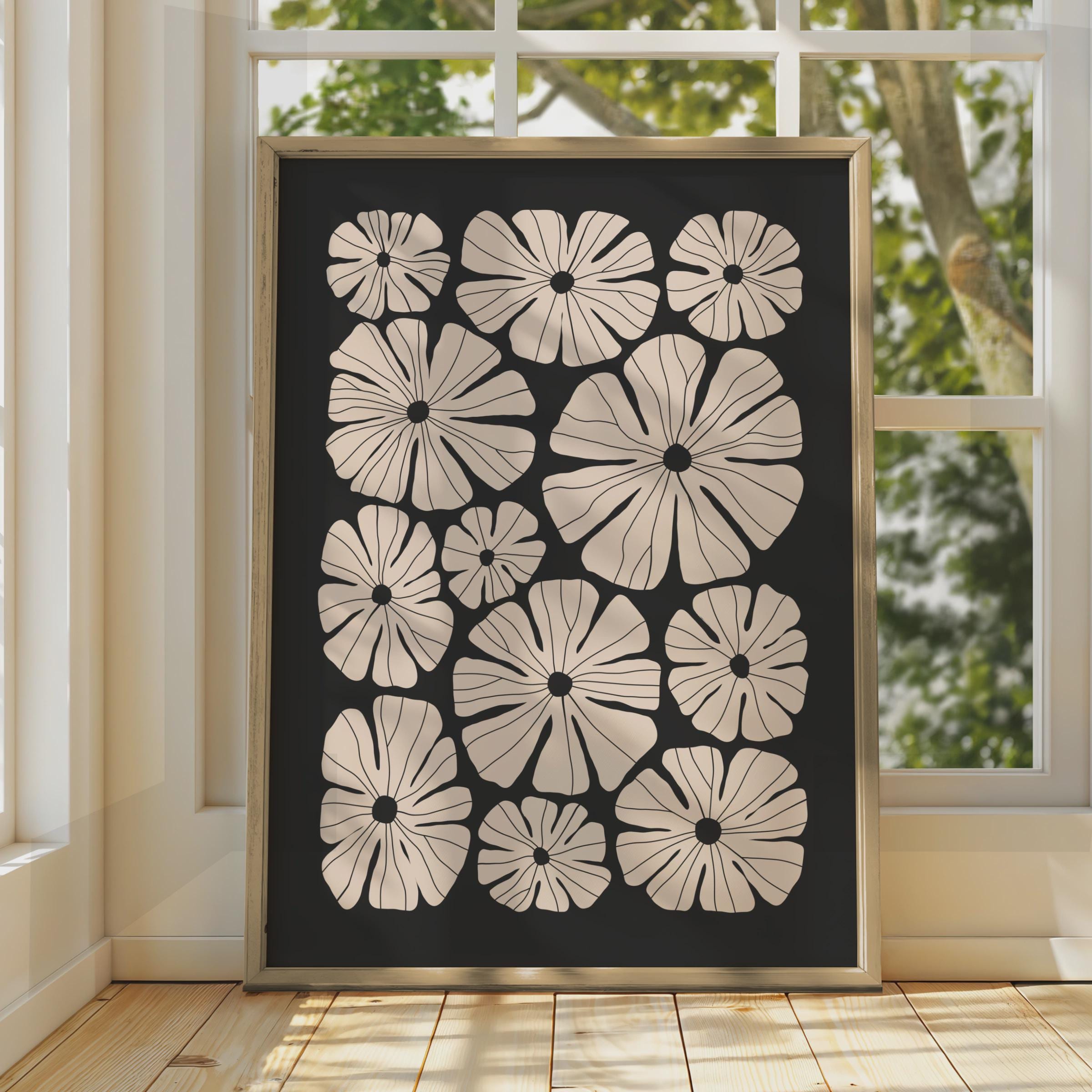 Botanical Flower Poster, Floral Wall Art, Minimalist Print, Pink Flowers on Black Background wall art print