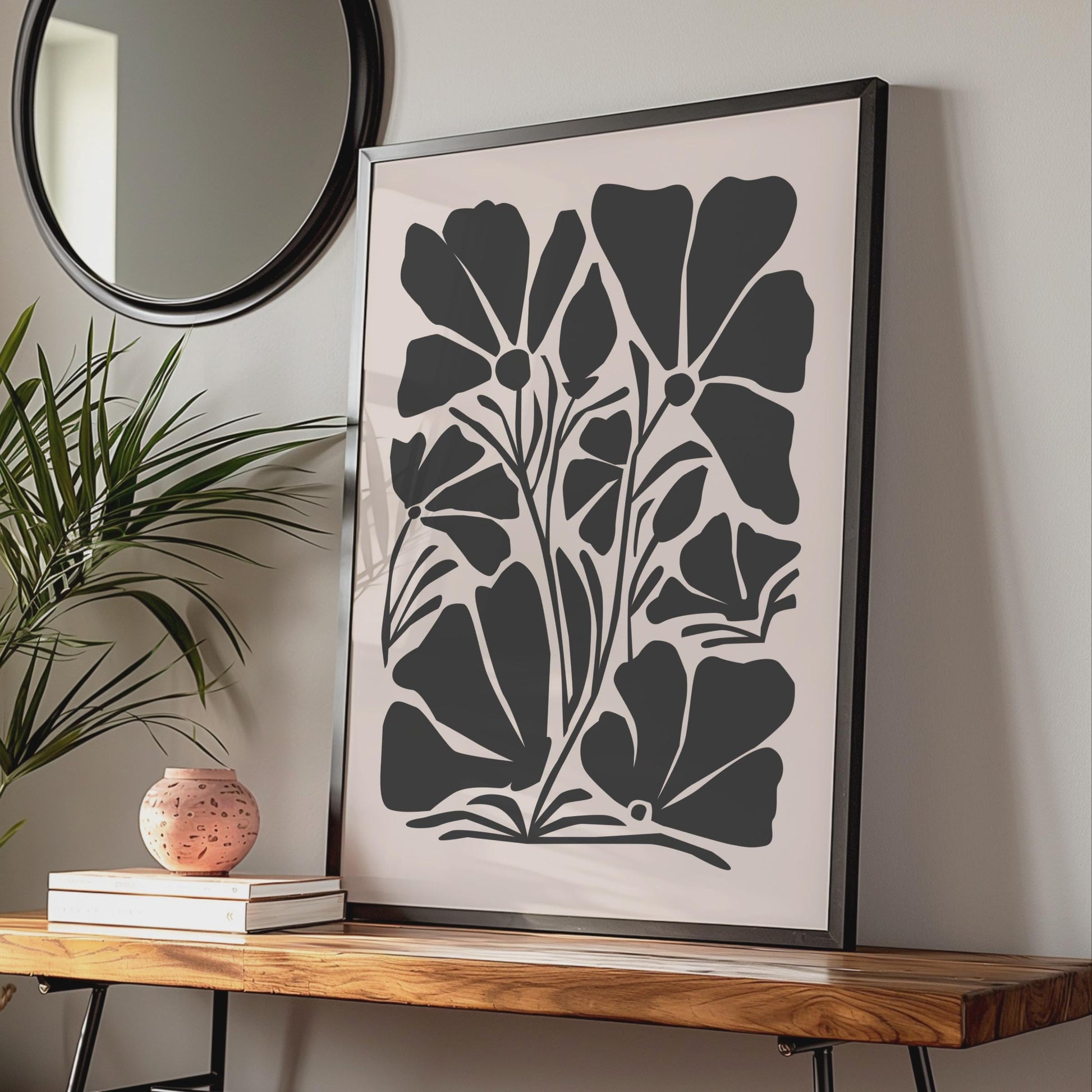 Bold Botanical Flower Print, Minimalist Floral Poster, Black and Beige Art for Home Decor wall art print