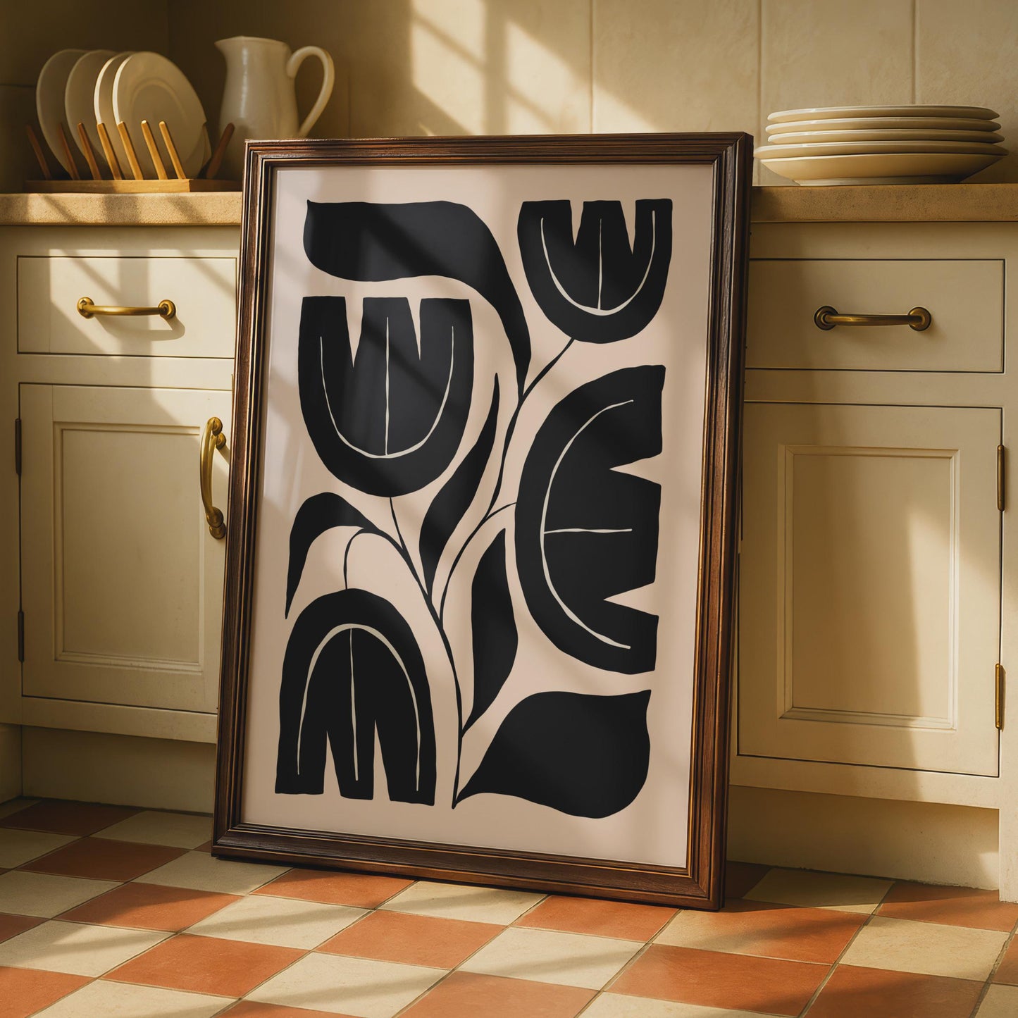 Botanical Flower Print, Black Beige Abstract Floral Wall Art wall art print