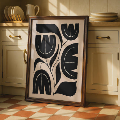 Botanical Flower Print, Black Beige Abstract Floral Wall Art wall art print