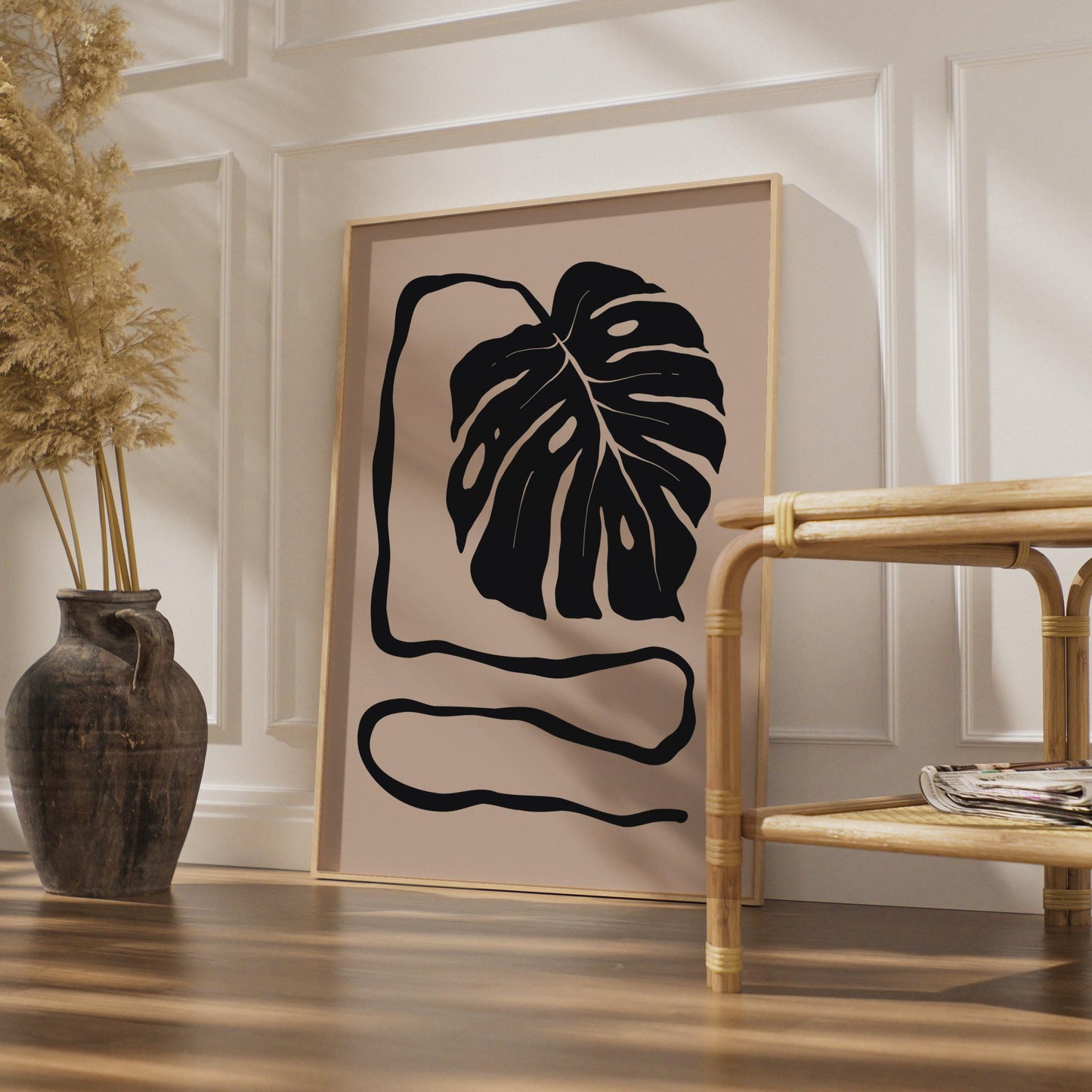 Botanical Monstera Leaf Print, Minimalist Black Beige Wall Art wall art print