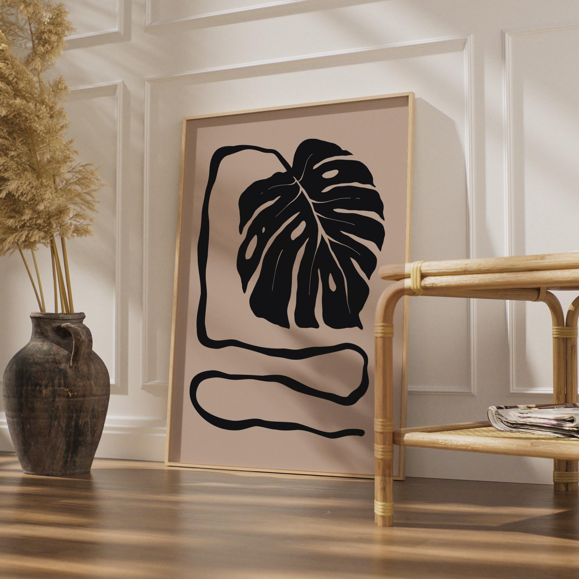 Botanical Monstera Leaf Print, Minimalist Black Beige Wall Art wall art print