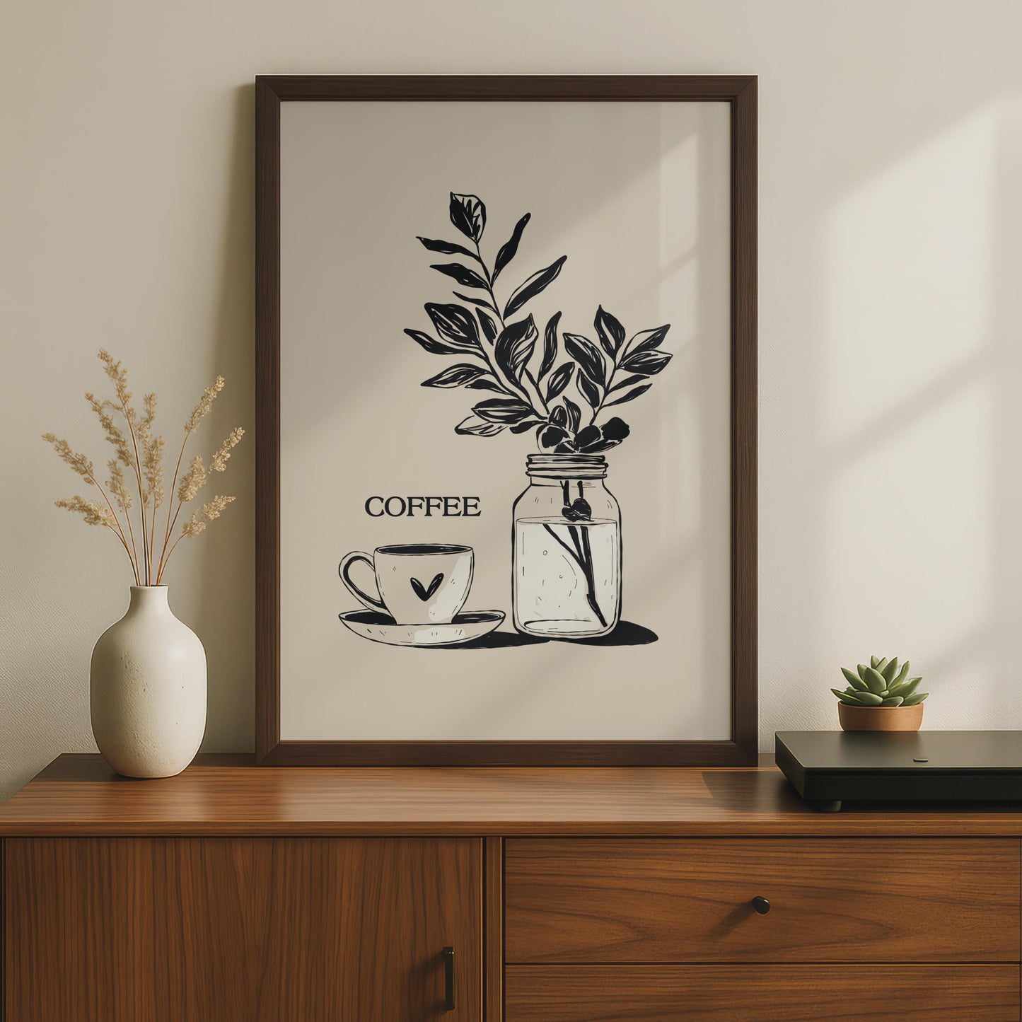 Botanical Coffee Wall Art, Minimalist Print, Coffee Cup and Leaves Decor, Kitchen Artwork wall art print