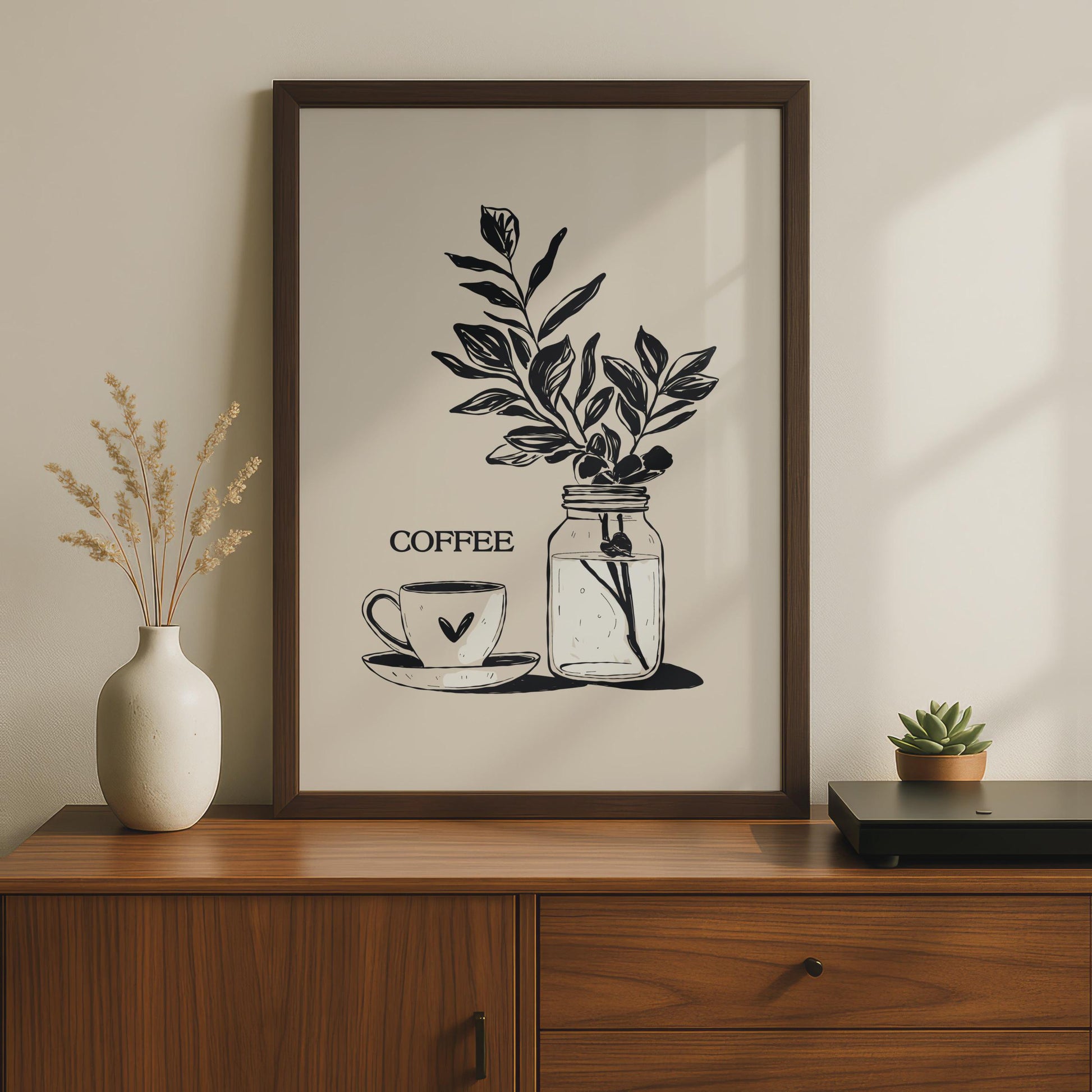 Botanical Coffee Wall Art, Minimalist Print, Coffee Cup and Leaves Decor, Kitchen Artwork wall art print