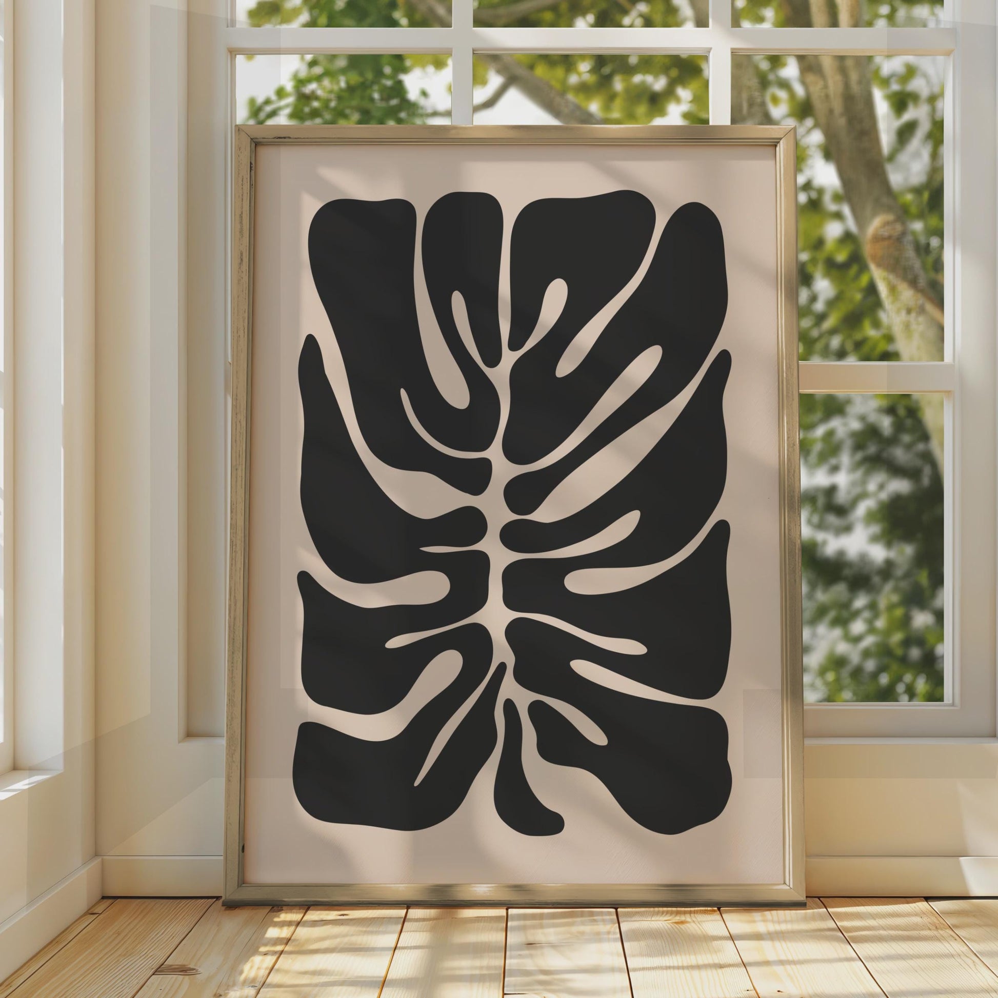 Abstract Monstera Leaf Art Print, Botanical Wall Decor, Black and Beige Tropical Poster wall art print
