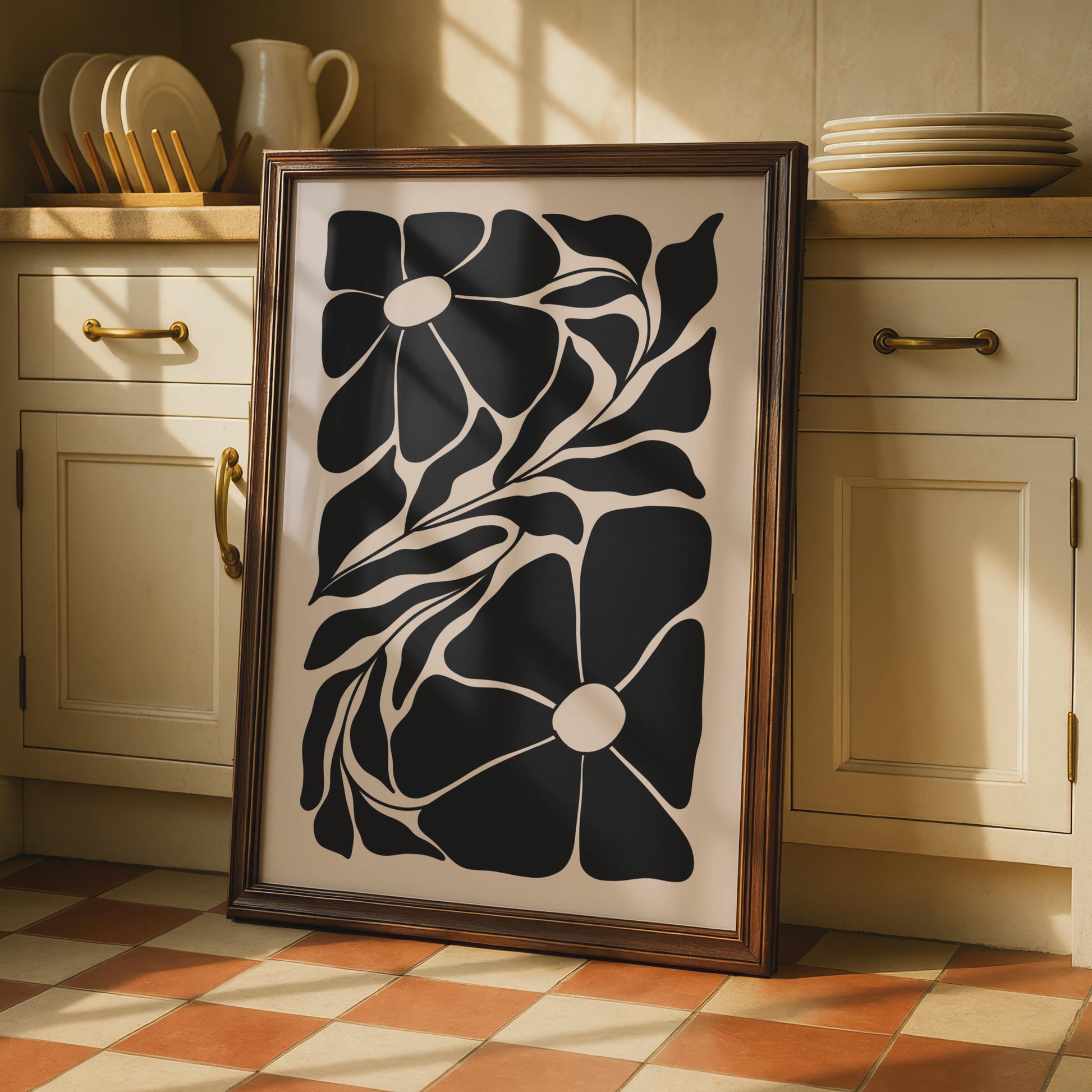 Botanical Flower Print, Black and Beige Floral Poster, Modern Wall Art for Home Decor wall art print