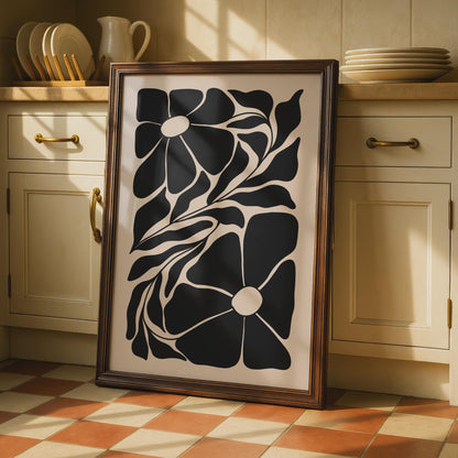 Botanical Flower Print, Black and Beige Floral Poster, Modern Wall Art for Home Decor wall art print