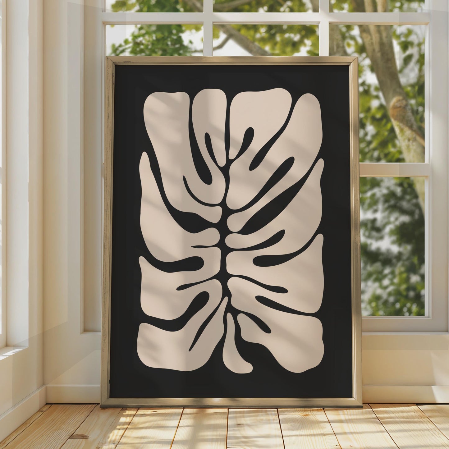 Minimalist Botanical Leaf Print, Abstract Monstera Plant Wall Art, Cream on Black Framed Decor wall art print
