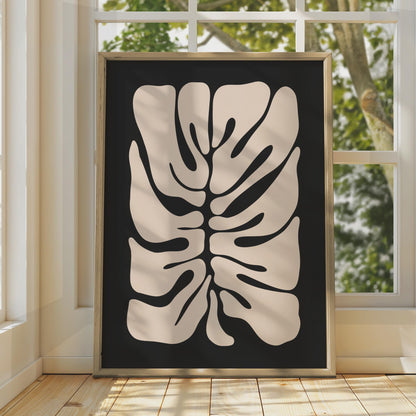 Minimalist Botanical Leaf Print, Abstract Monstera Plant Wall Art, Cream on Black Framed Decor wall art print