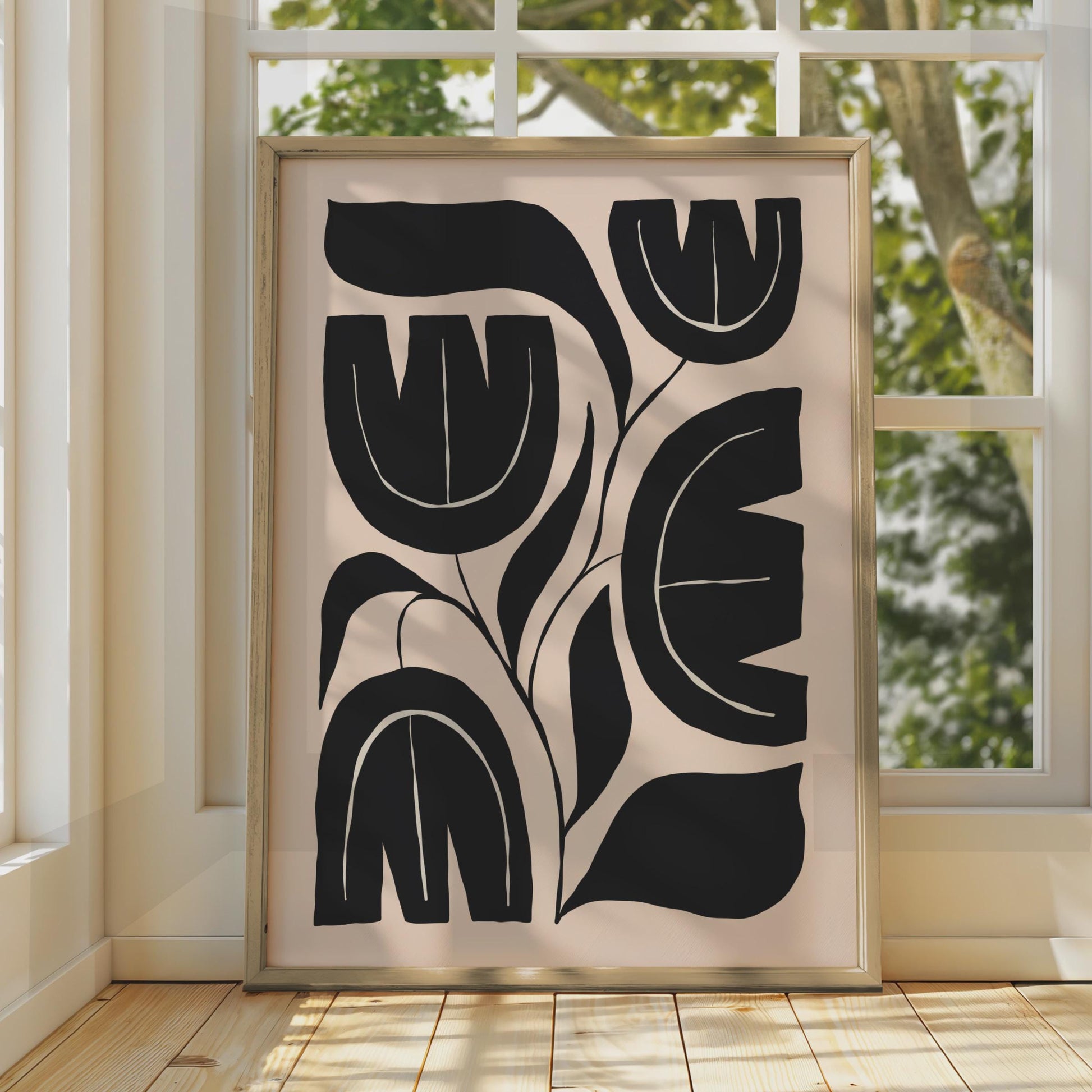 Botanical Flower Print, Black Beige Abstract Floral Wall Art wall art print