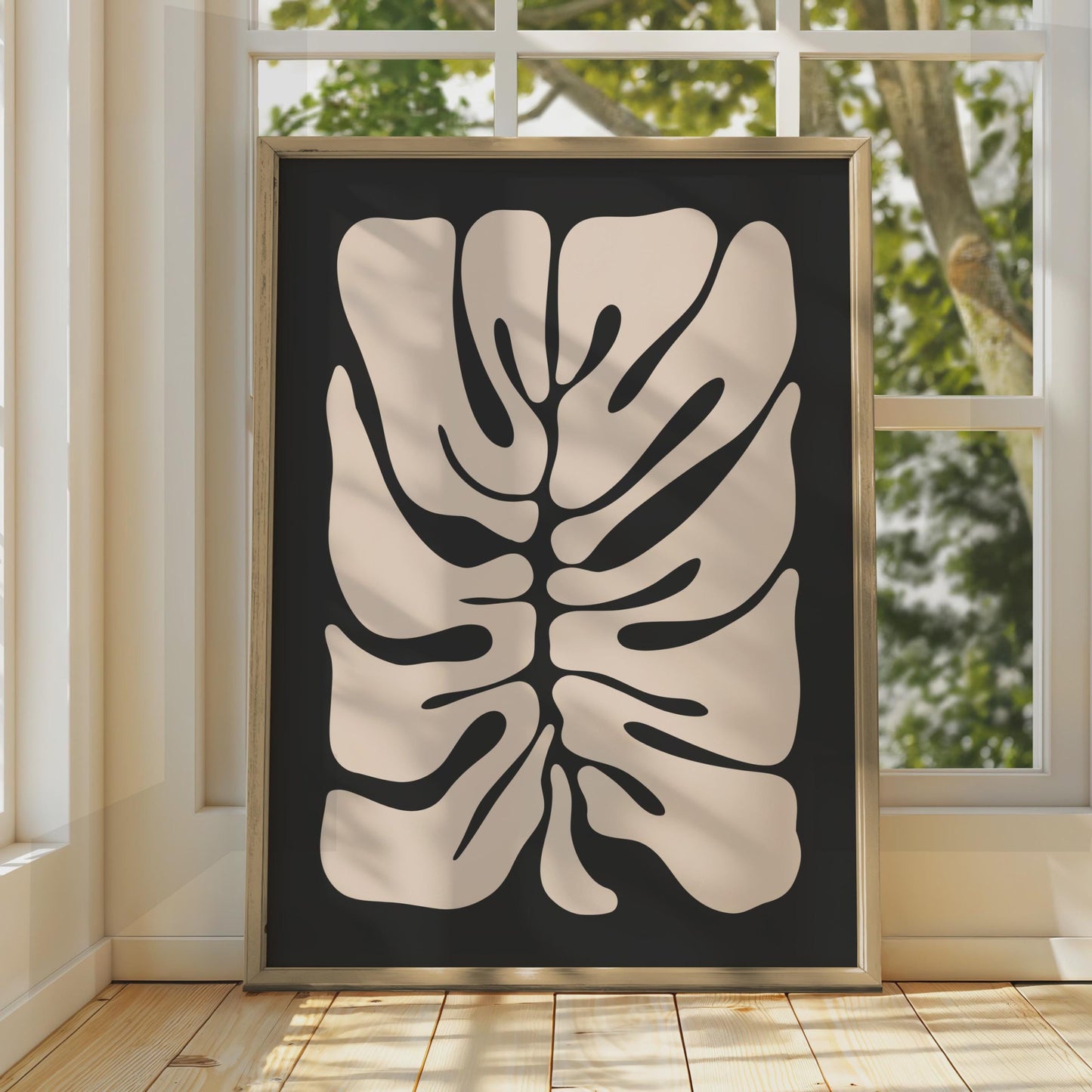 Minimalistic Botanical Wall Art, Abstract Monstera Print, Organic Shape Poster, Black and Beige wall art print