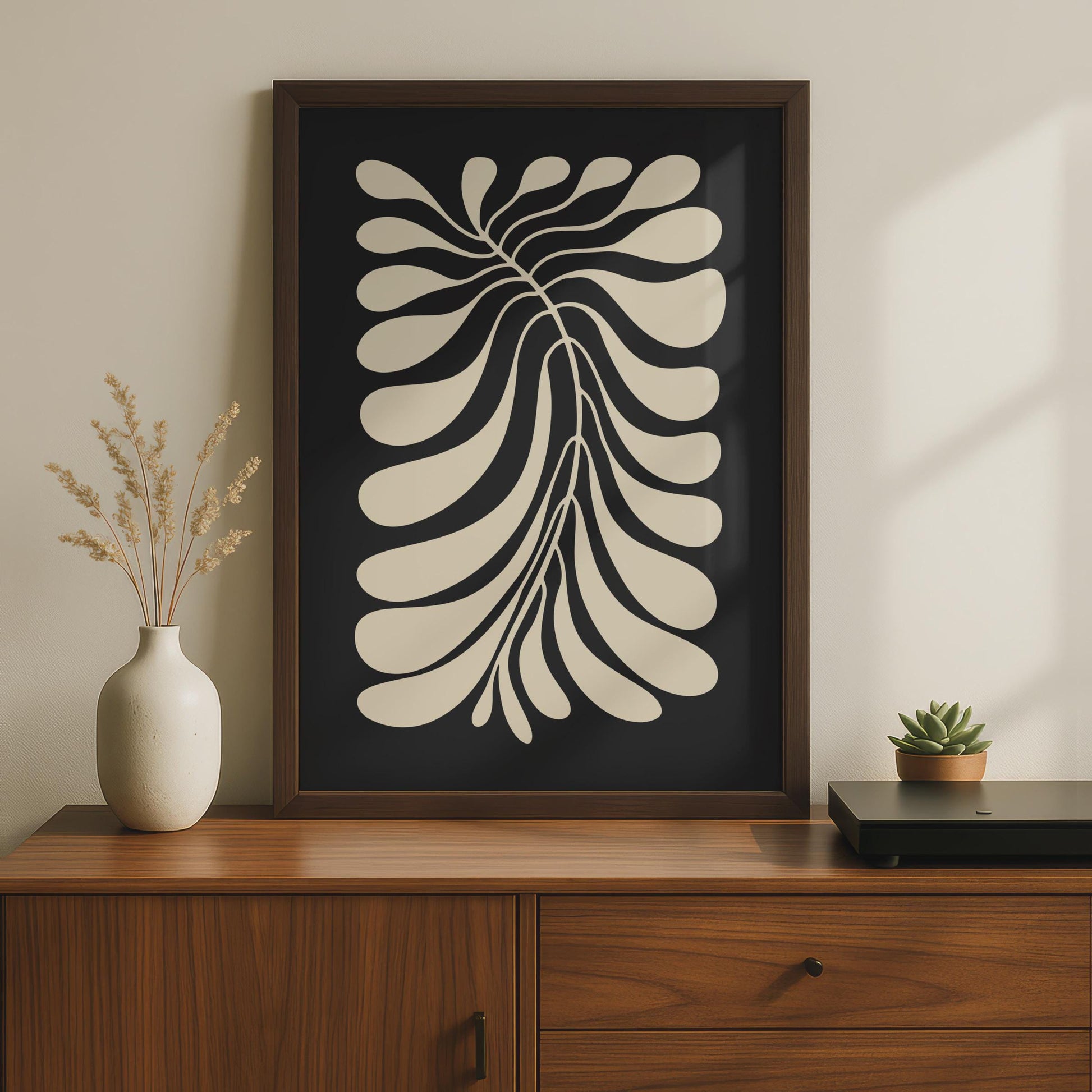 Botanical Leaf Print, Black Cream Minimalist Poster, Nature Wall Art Home Decor wall art print