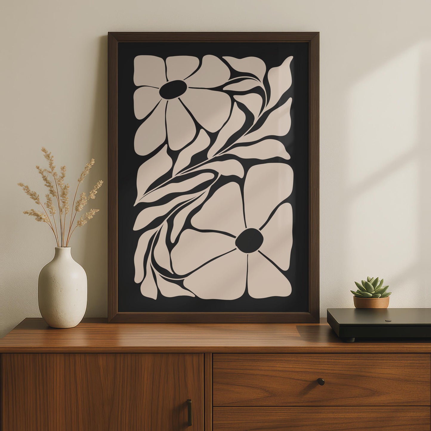Botanical Flower Poster, Minimalist Floral Art Print, Modern Wall Decor, Black and Beige, Nature wall art print