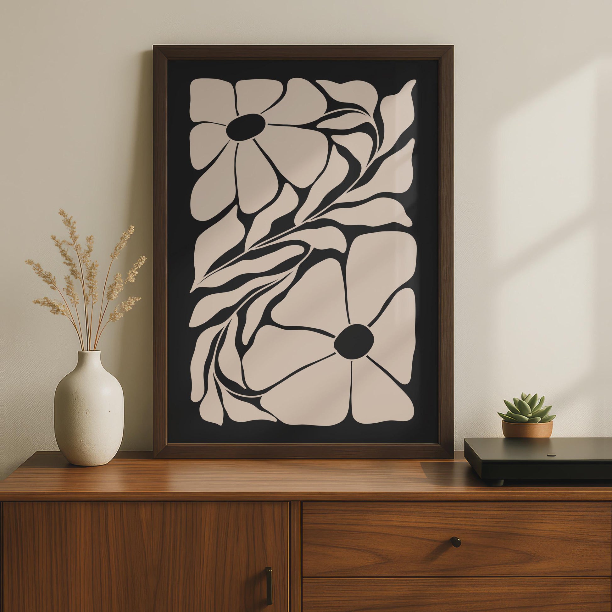 Botanical Flower Poster, Minimalist Floral Art Print, Modern Wall Decor, Black and Beige, Nature wall art print