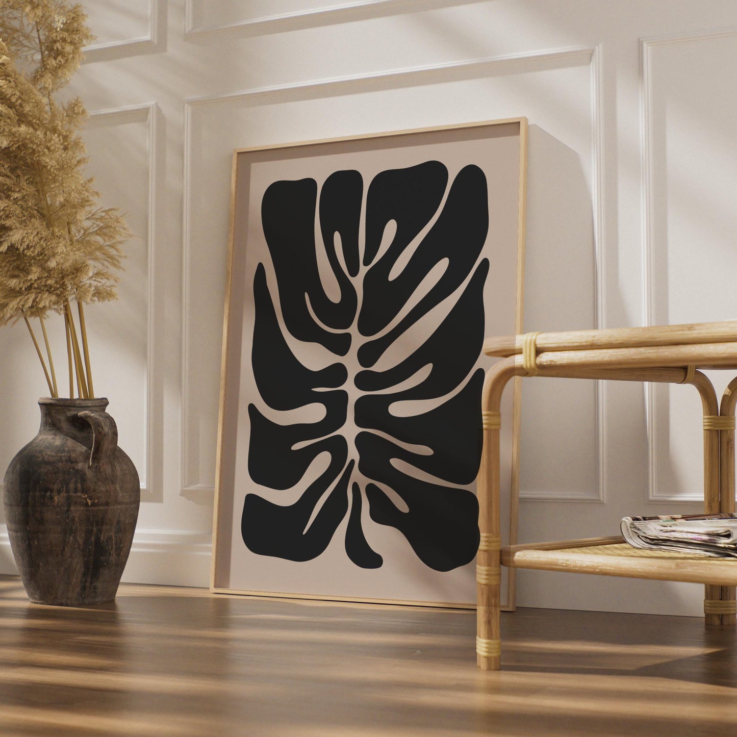Abstract Monstera Leaf Art Print, Botanical Wall Decor, Black and Beige Tropical Poster wall art print