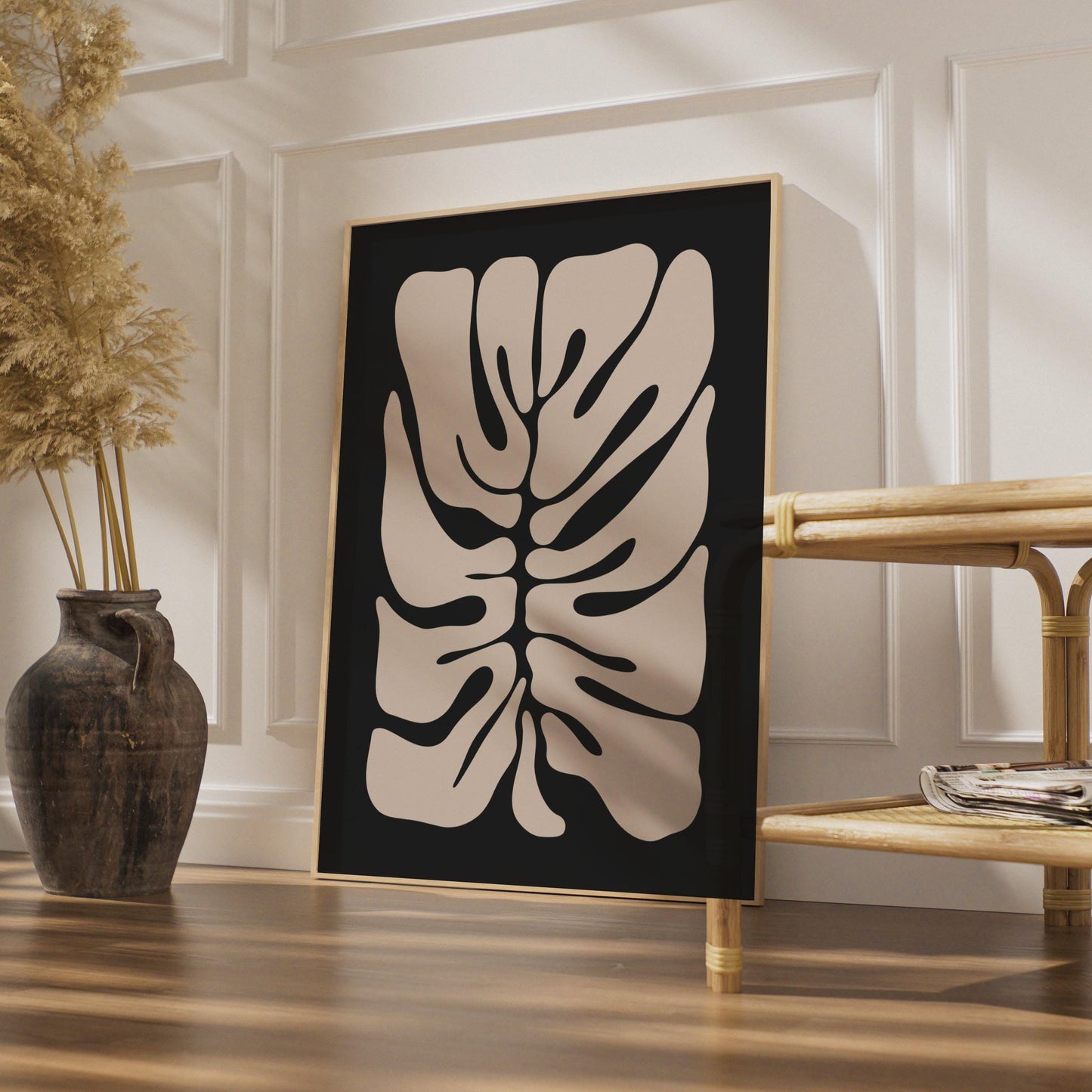 Minimalist Botanical Leaf Print, Abstract Monstera Plant Wall Art, Cream on Black Framed Decor wall art print