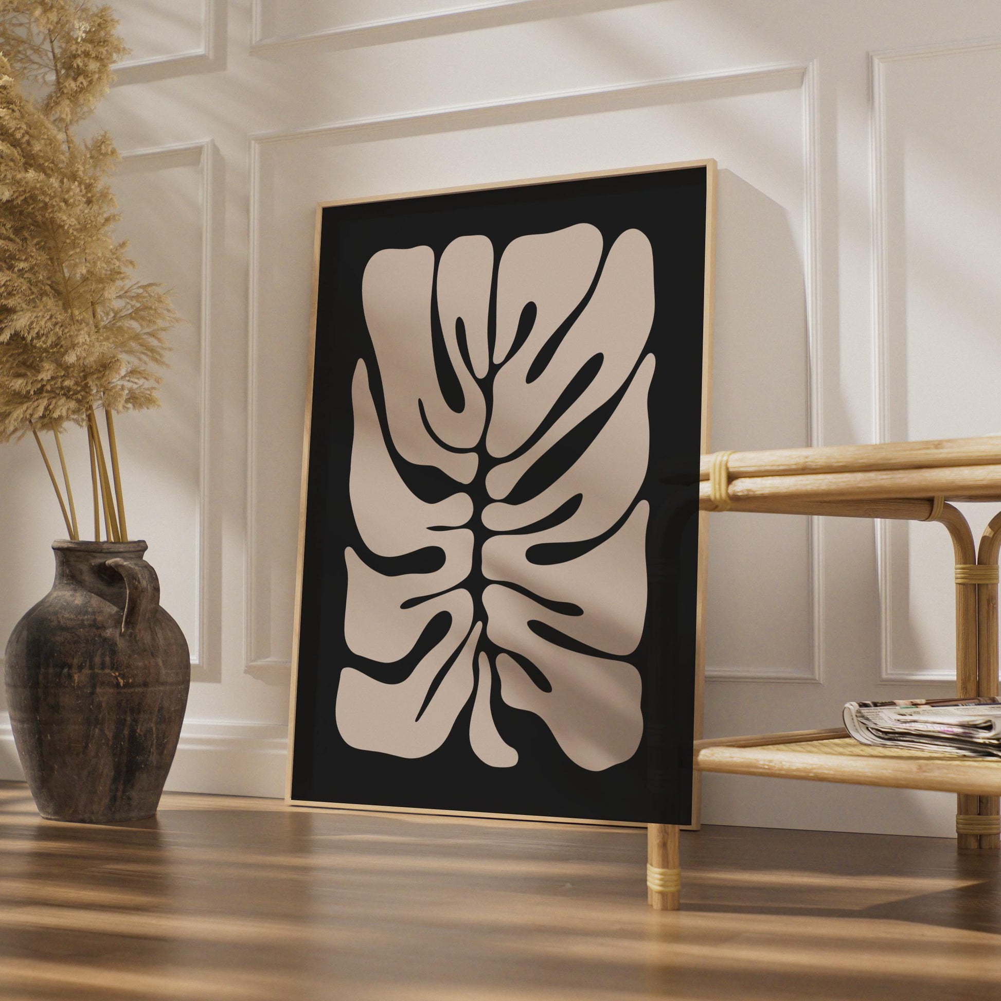 Minimalist Botanical Leaf Print, Abstract Monstera Plant Wall Art, Cream on Black Framed Decor wall art print