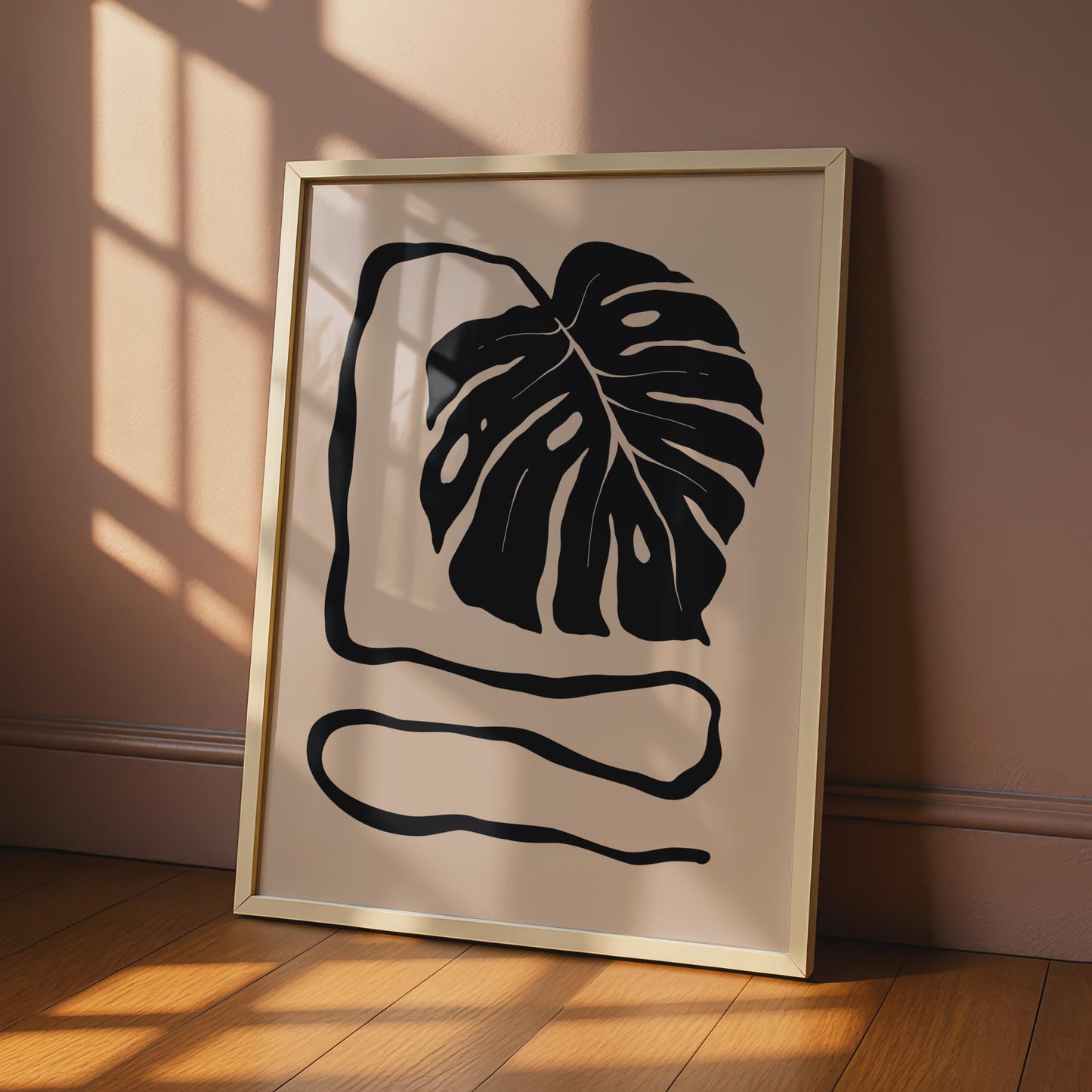 Botanical Monstera Leaf Print, Minimalist Black Beige Wall Art wall art print