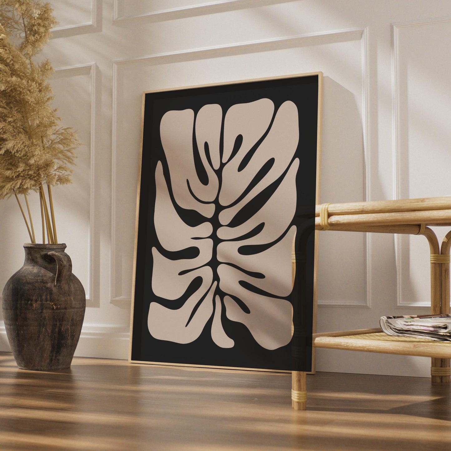 Minimalistic Botanical Wall Art, Abstract Monstera Print, Organic Shape Poster, Black and Beige wall art print