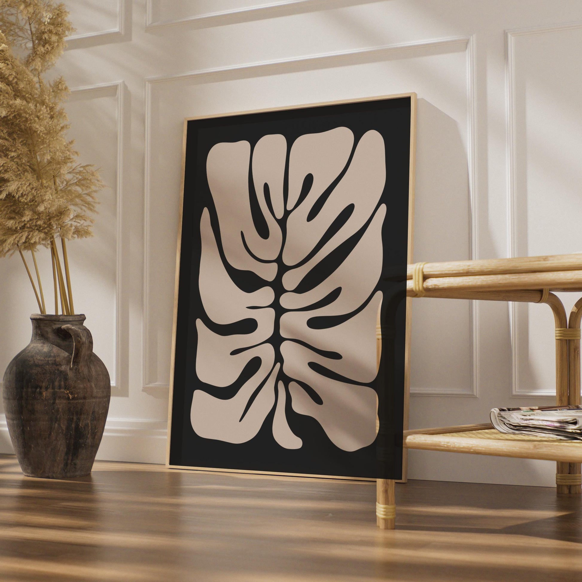 Minimalistic Botanical Wall Art, Abstract Monstera Print, Organic Shape Poster, Black and Beige wall art print
