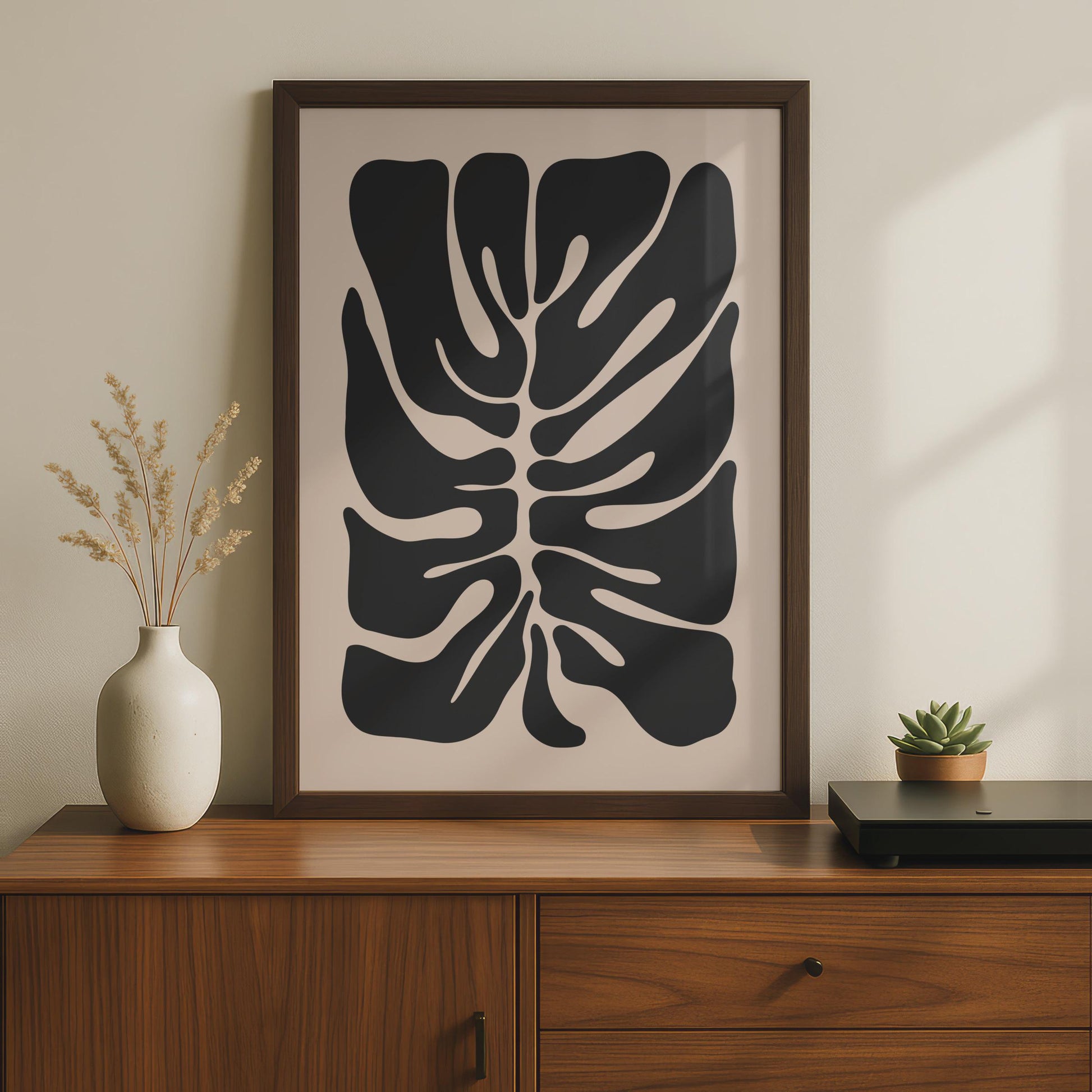Abstract Monstera Leaf Art Print, Botanical Wall Decor, Black and Beige Tropical Poster wall art print