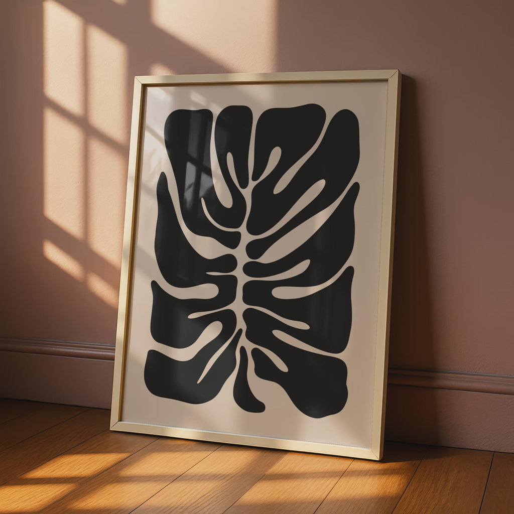 Abstract Monstera Leaf Art Print, Botanical Wall Decor, Black and Beige Tropical Poster wall art print