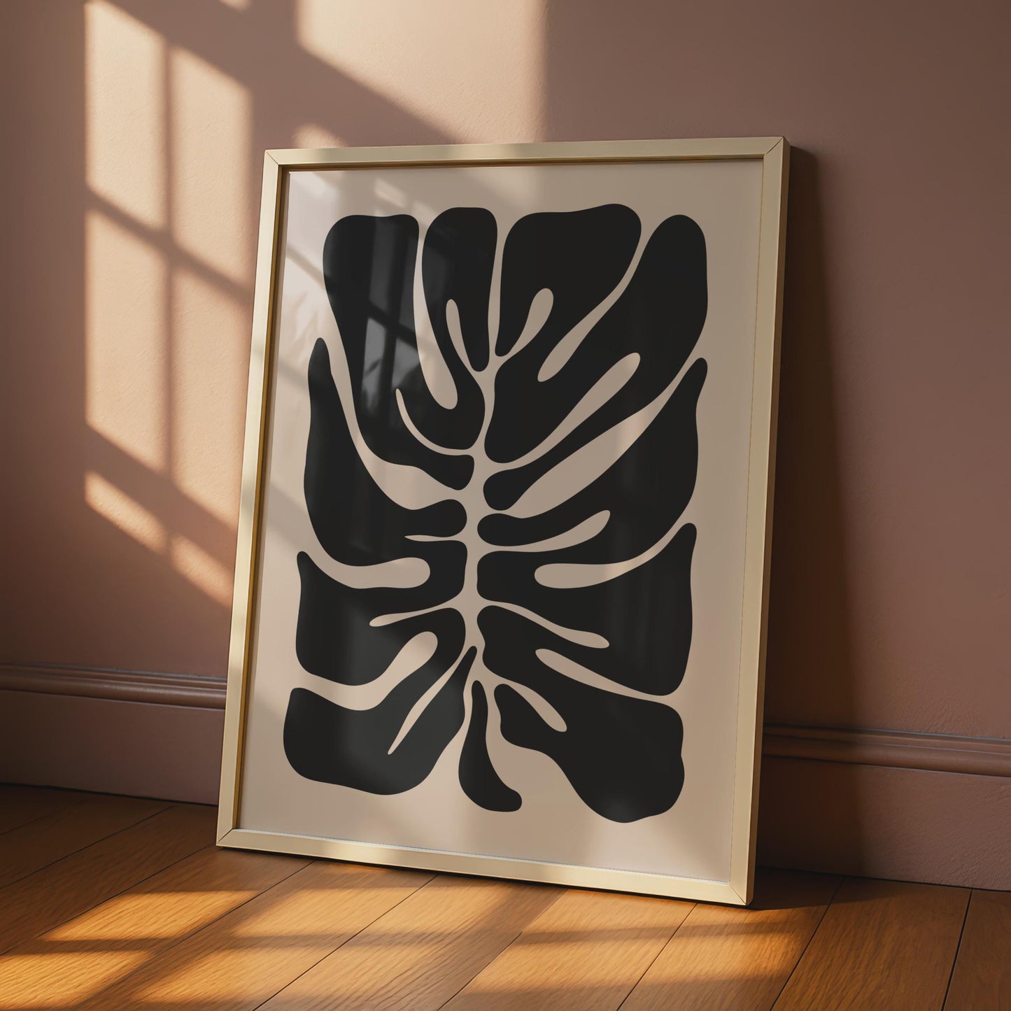 Abstract Monstera Leaf Art Print, Botanical Wall Decor, Black and Beige Tropical Poster wall art print