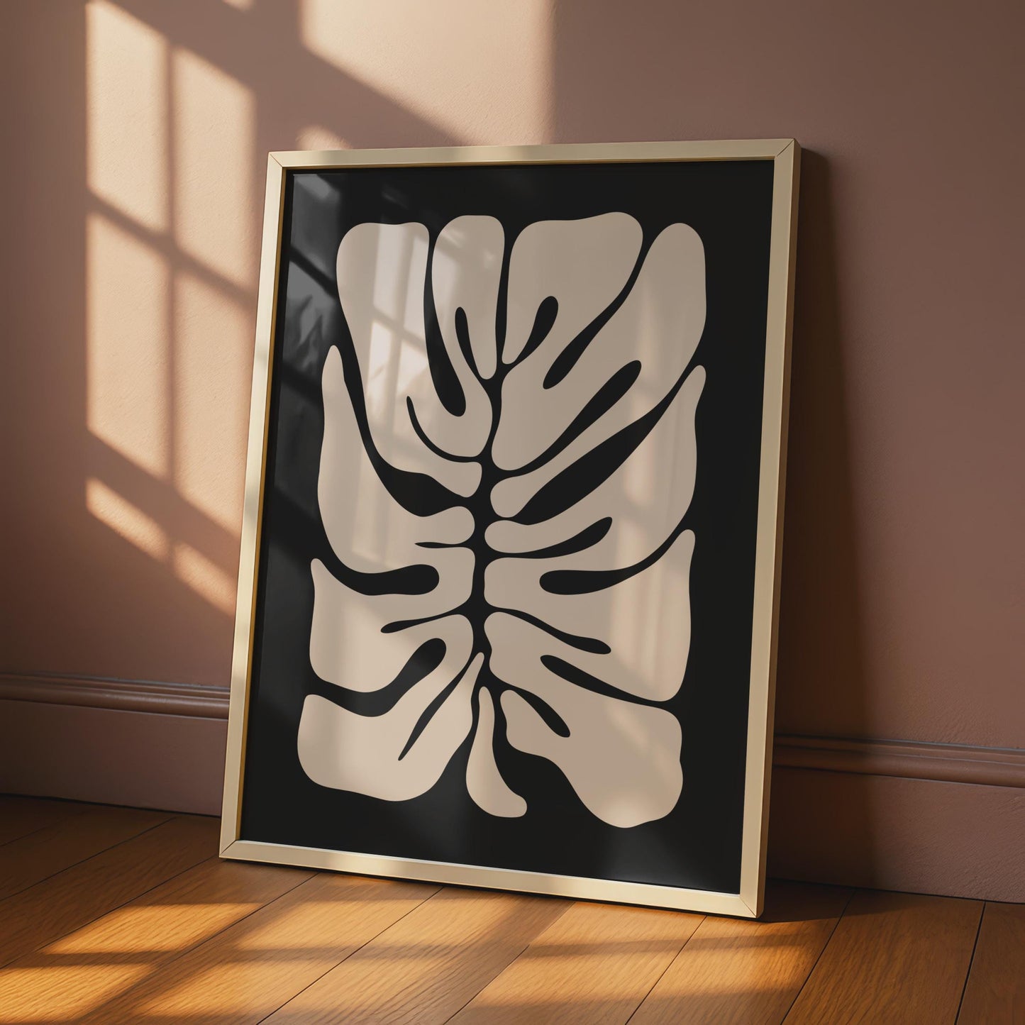 Minimalist Botanical Leaf Print, Abstract Monstera Plant Wall Art, Cream on Black Framed Decor wall art print