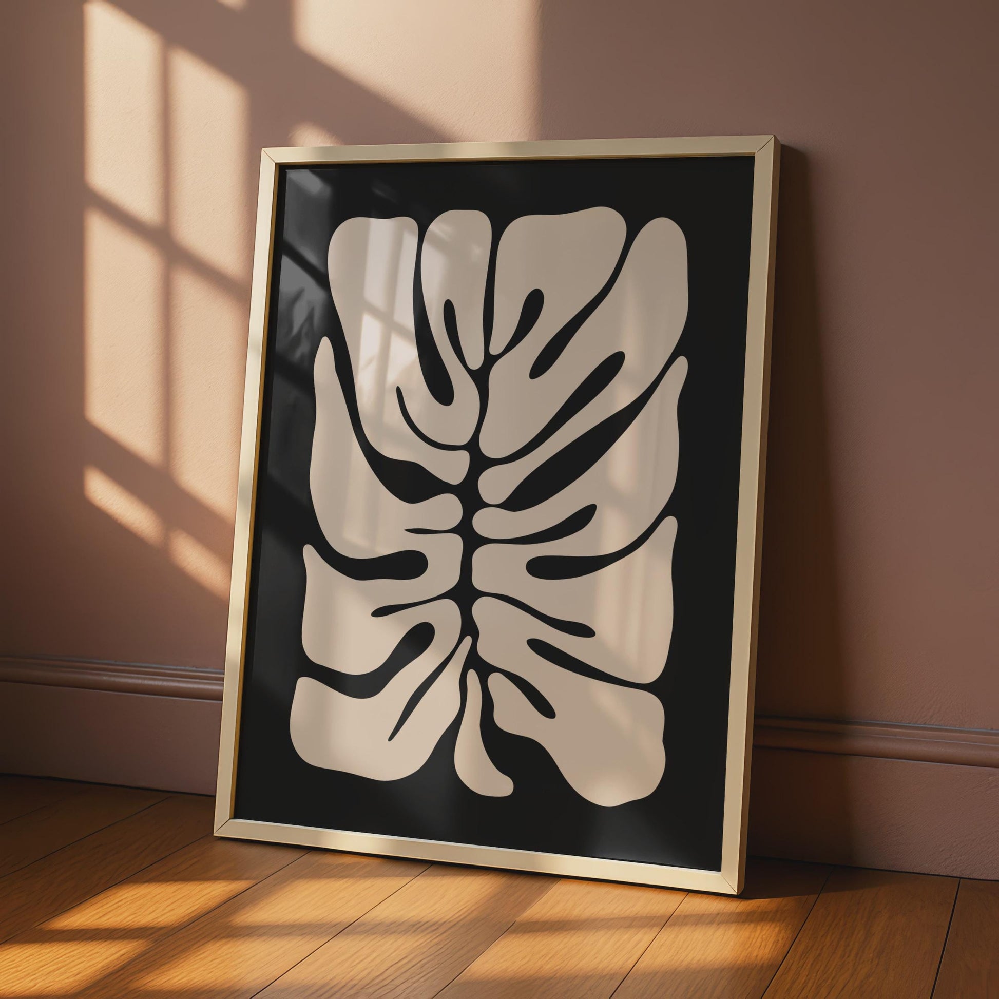 Minimalist Botanical Leaf Print, Abstract Monstera Plant Wall Art, Cream on Black Framed Decor wall art print