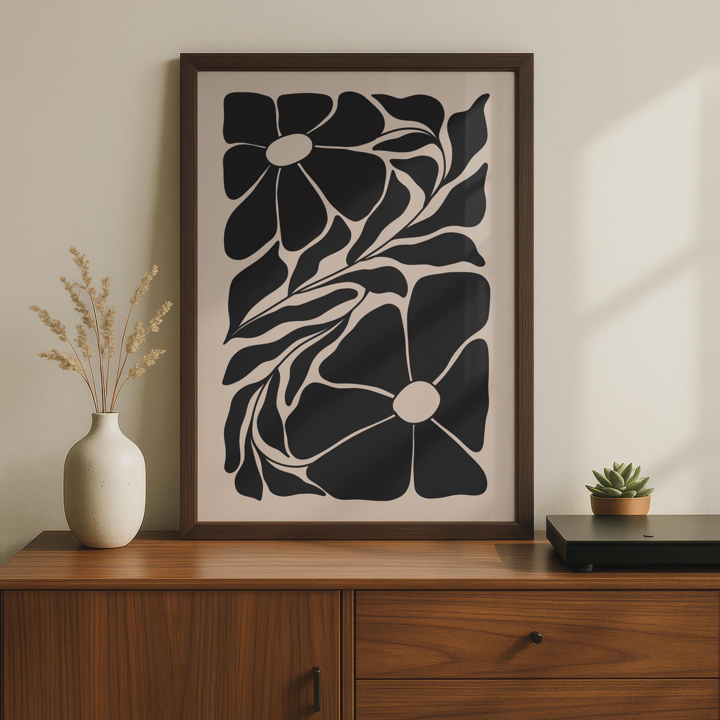Botanical Flower Print, Black and Beige Floral Poster, Modern Wall Art for Home Decor wall art print