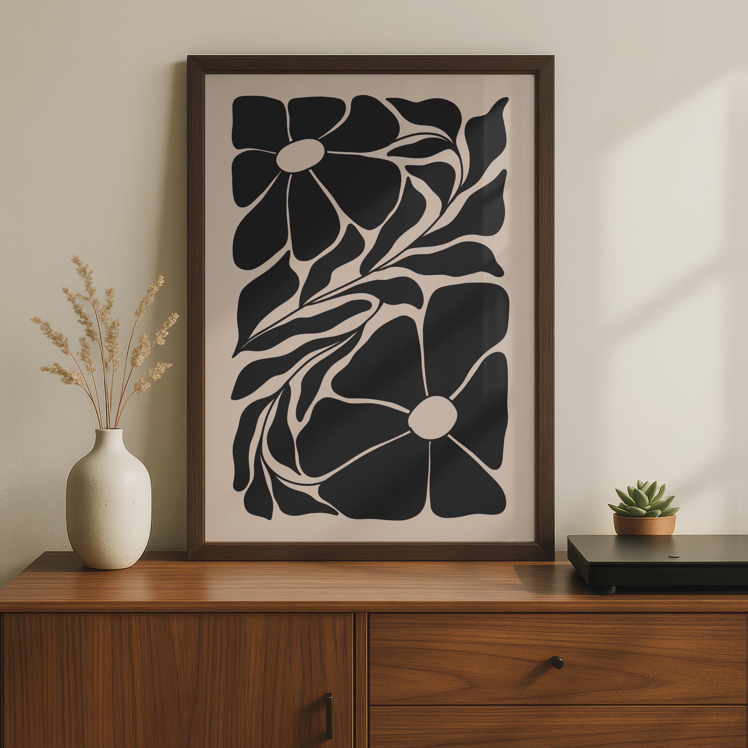 Botanical Flower Print, Black and Beige Floral Poster, Modern Wall Art for Home Decor wall art print