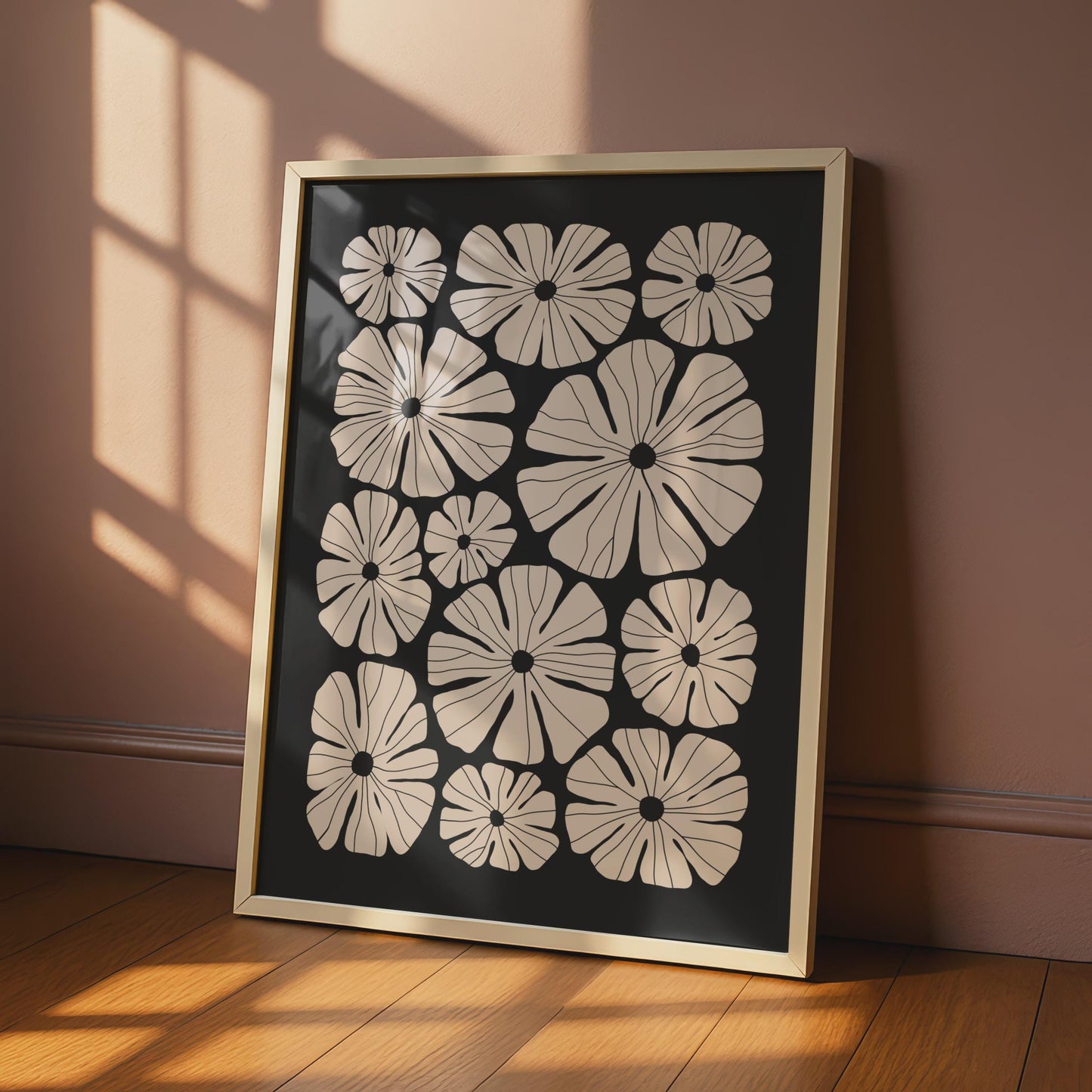 Botanical Flower Poster, Floral Wall Art, Minimalist Print, Pink Flowers on Black Background wall art print