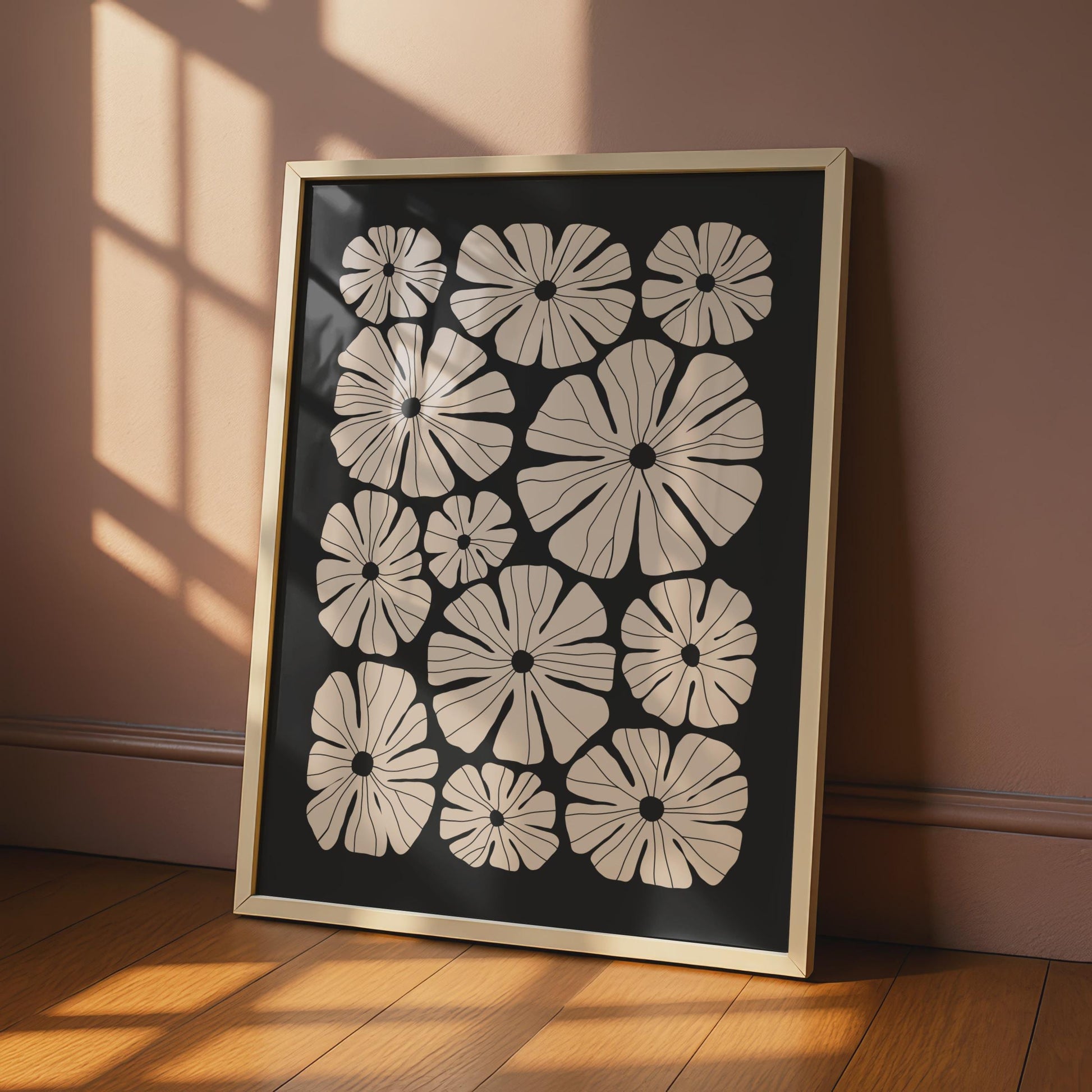Botanical Flower Poster, Floral Wall Art, Minimalist Print, Pink Flowers on Black Background wall art print