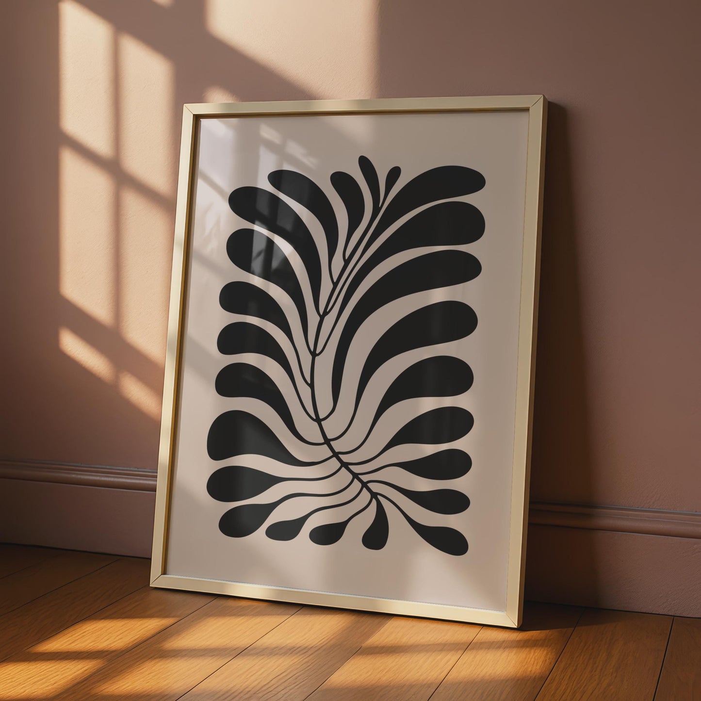 Minimalist Botanical Wall Art, Black Leaf Print on Soft Pink Background, Modern Home Decor wall art print