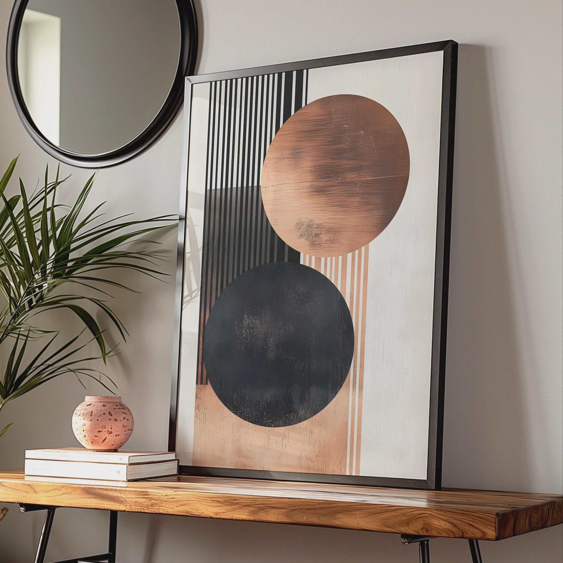 Boho Abstract Wall Art Print, Geometric Circles with Copper and Black, Modern Home Decor wall art print
