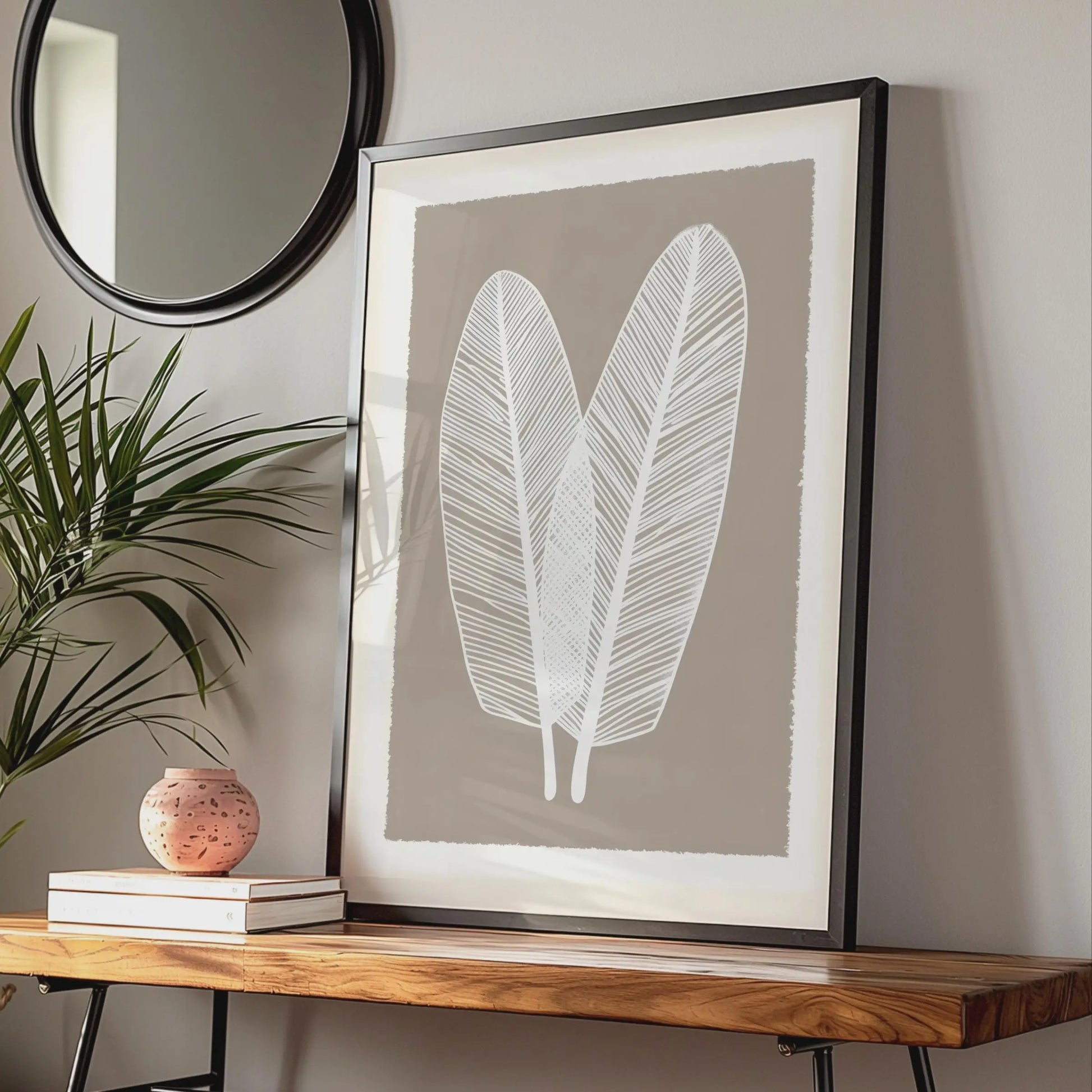 Boho Leaf Wall Art, Minimalist Nature Poster, White Feather Leaves, Earthy Brown Decor, Gallery wall art print
