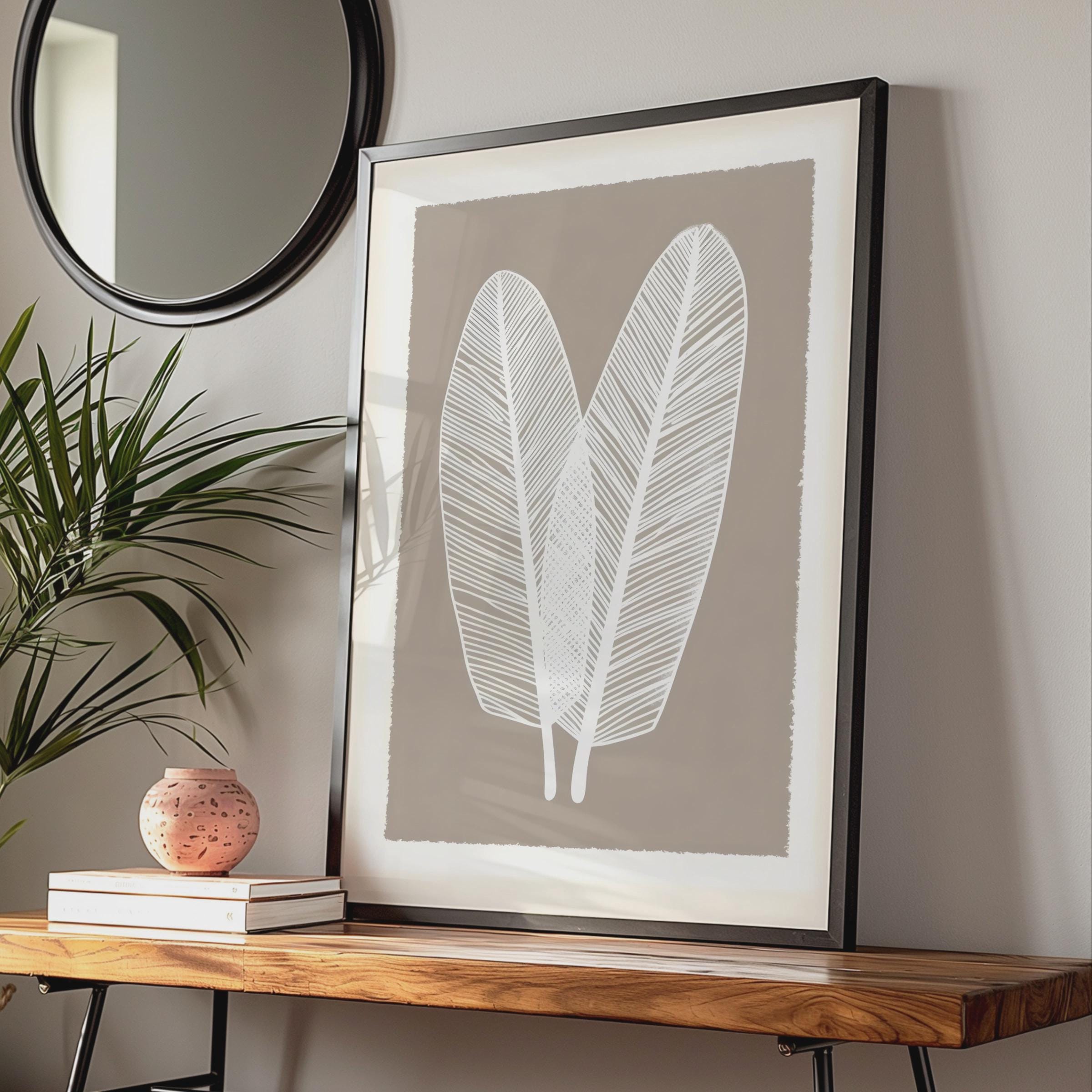 Boho Leaf Wall Art, Minimalist Nature Poster, White Feather Leaves, Earthy Brown Decor, Gallery wall art print