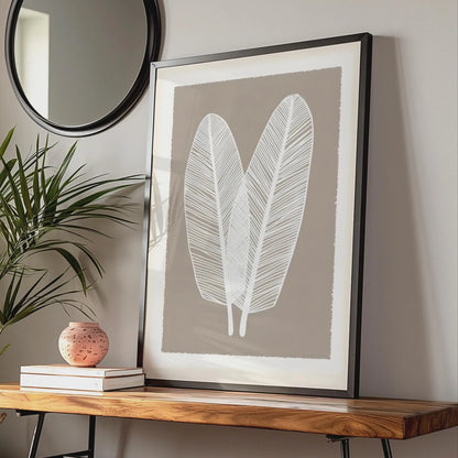 Boho Leaf Wall Art, Minimalist Nature Poster, White Feather Leaves, Earthy Brown Decor, Gallery wall art print