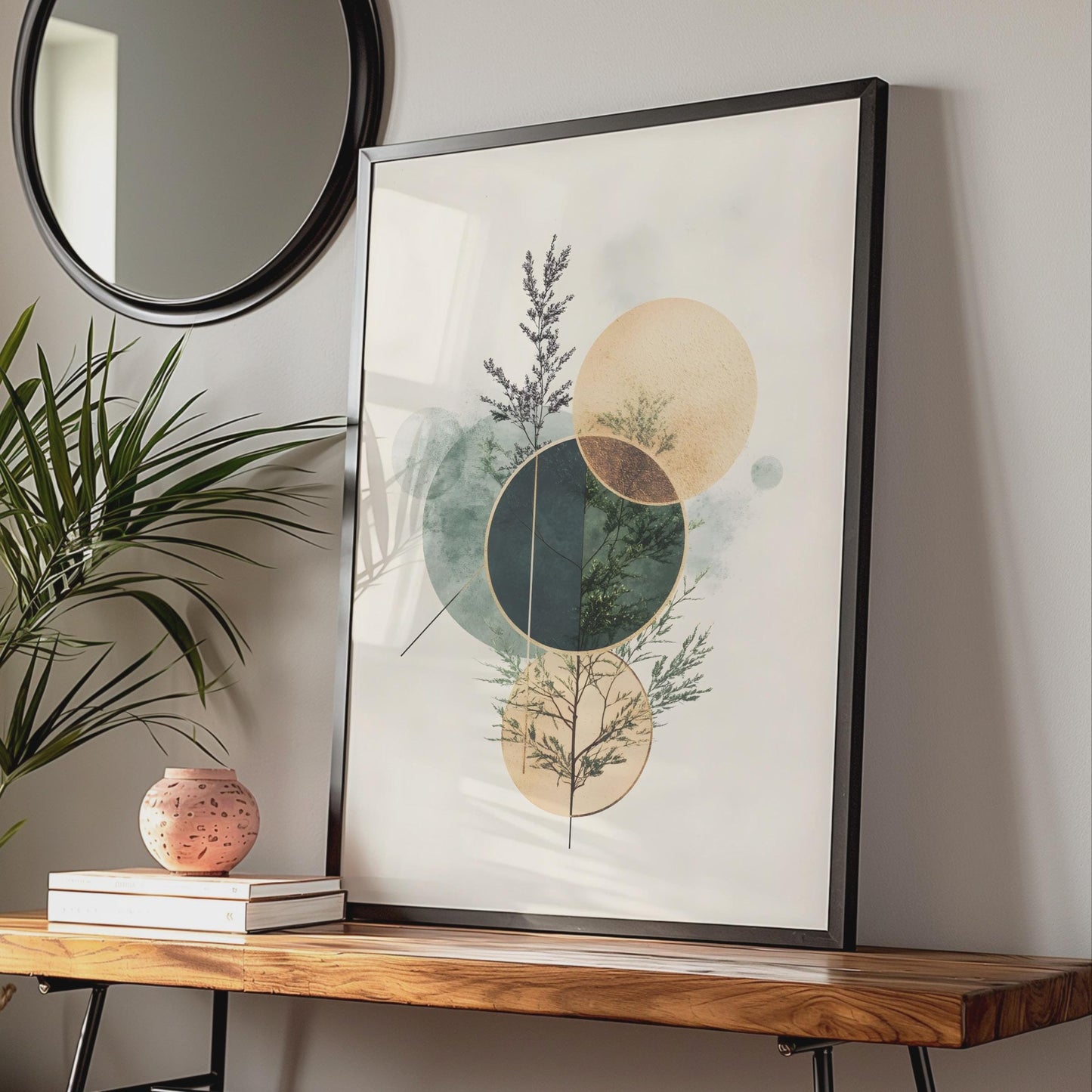 Boho Geometric Wall Art, Leafy Plant Print, Modern Abstract Decor, Circle Design Art Poster wall art print