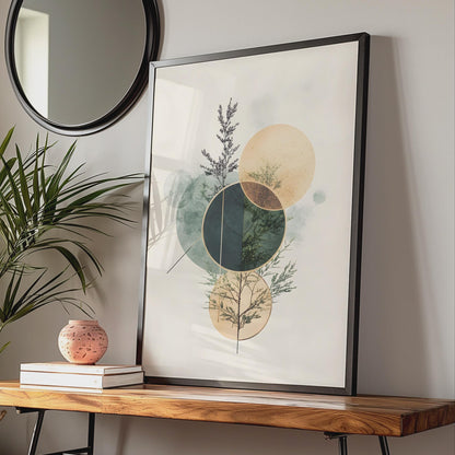 Boho Geometric Wall Art, Leafy Plant Print, Modern Abstract Decor, Circle Design Art Poster wall art print