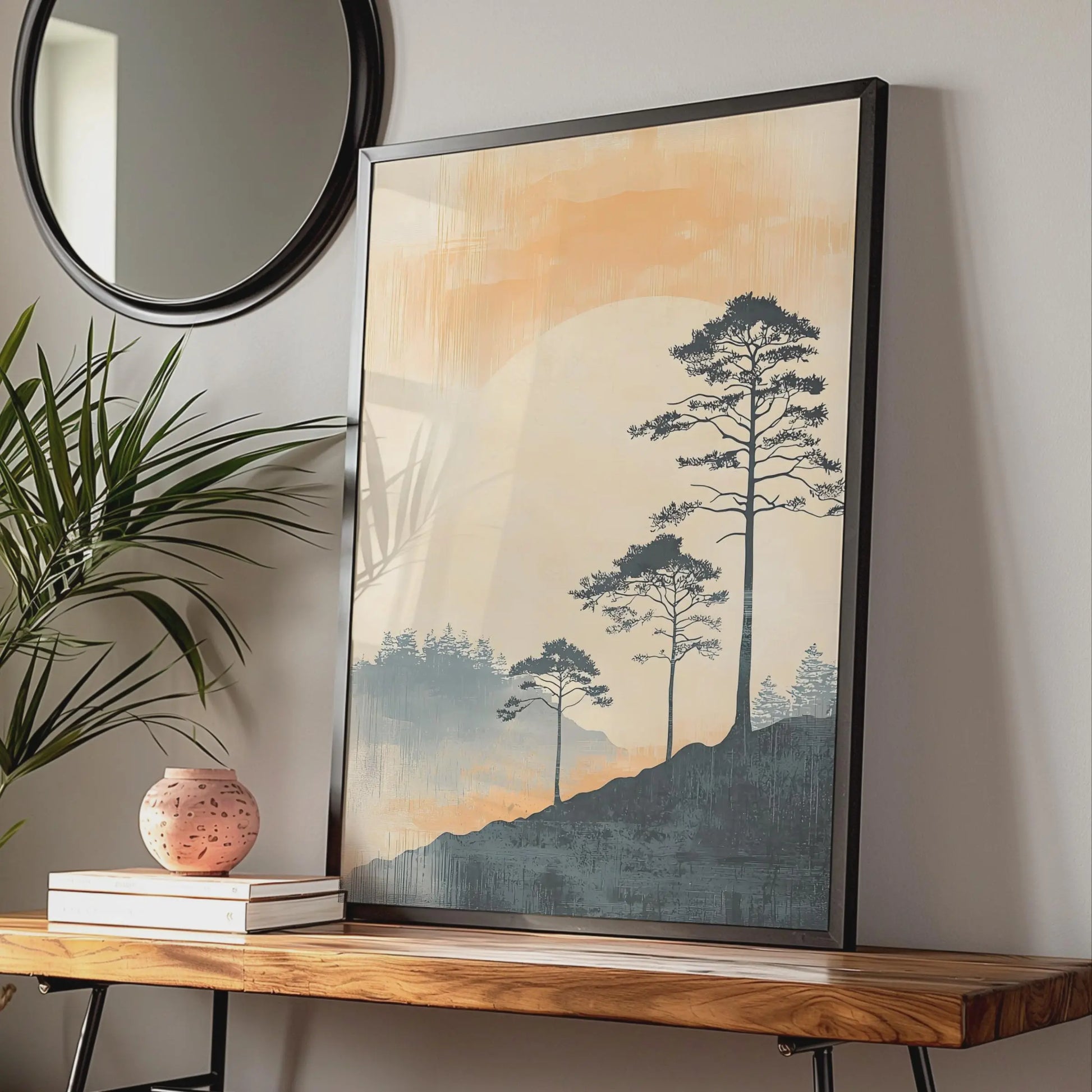 Boho Style Landscape Art Print, Minimalist Mountain Poster, Nature Wall Decor, Pine Trees Artwork wall art print