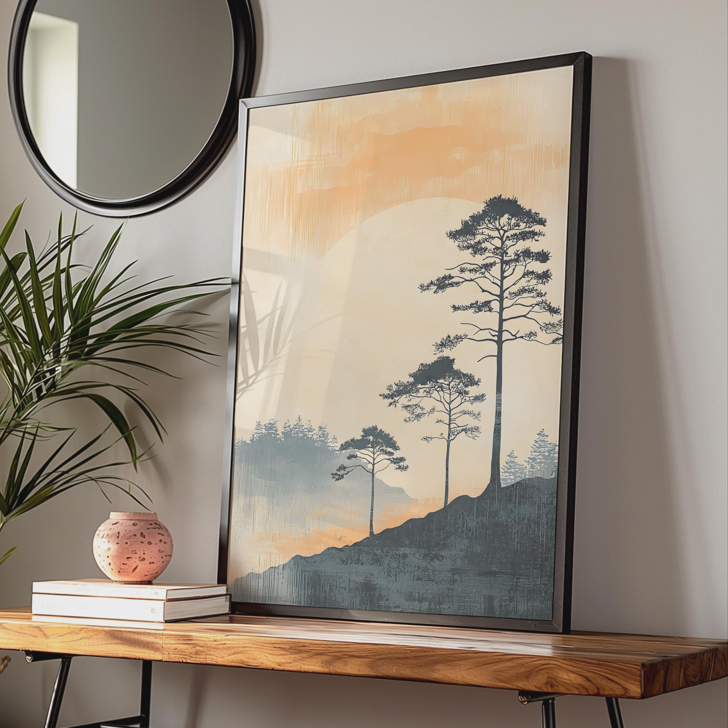 Boho Style Landscape Art Print, Minimalist Mountain Poster, Nature Wall Decor, Pine Trees Artwork wall art print