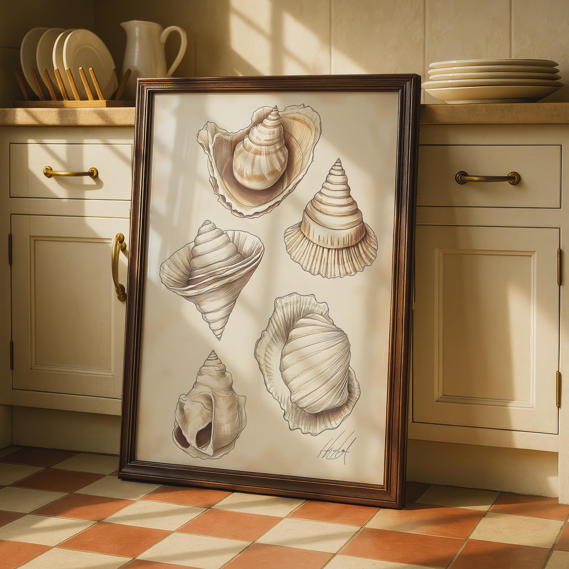 Vintage Shell Illustrations Art Print, Coastal Nautical Wall Decor wall art print