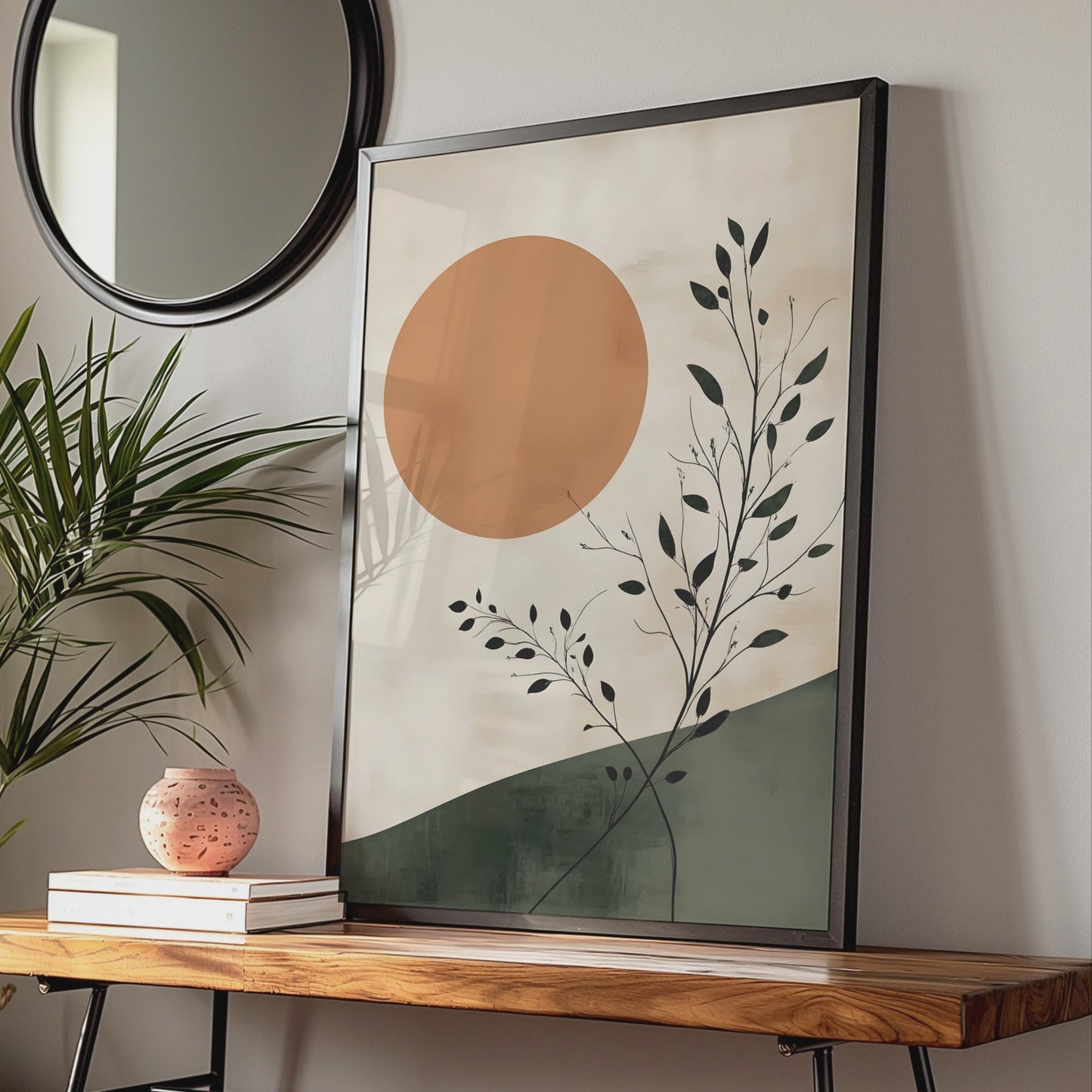 Boho Sun and Black Leaves Art Print, Warm Toned Nature Wall Decor wall art print