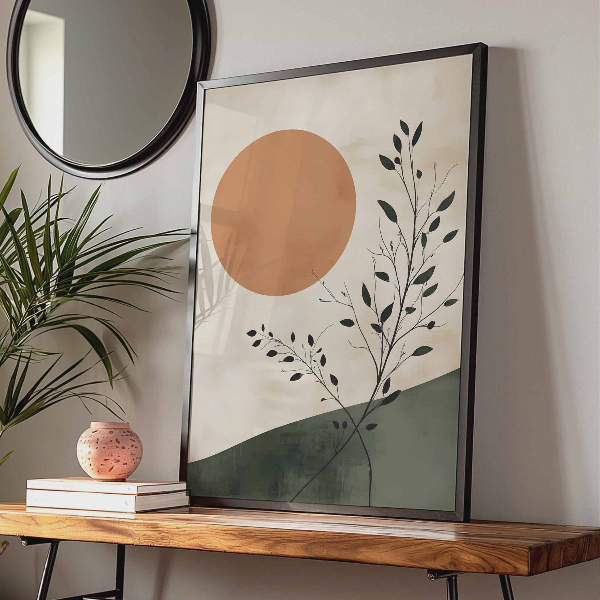 Boho Sun and Black Leaves Art Print, Warm Toned Nature Wall Decor wall art print