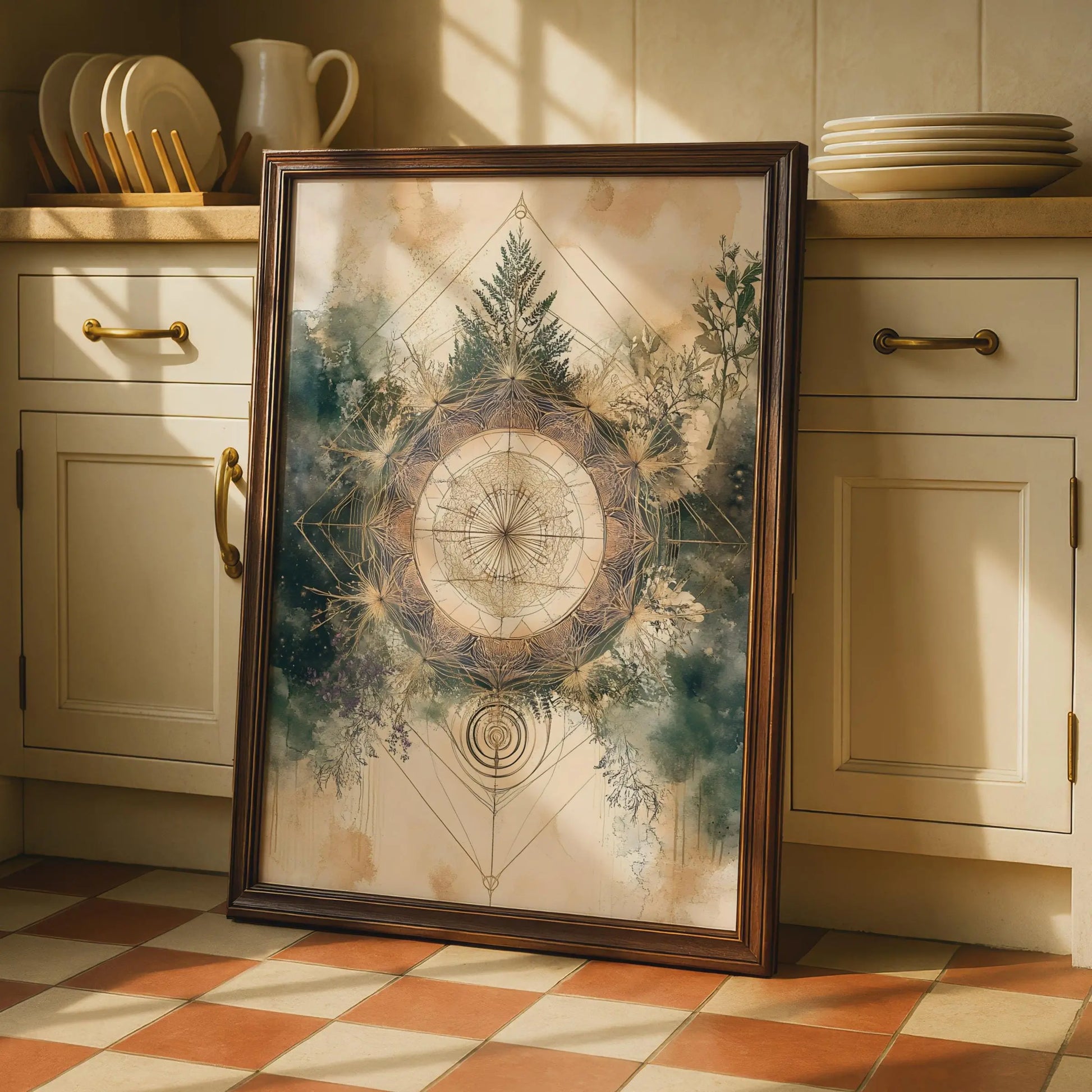 Boho Sacred Geometry Poster, Botanical Mandala Wall Art, Earthy Mystical Print wall art print