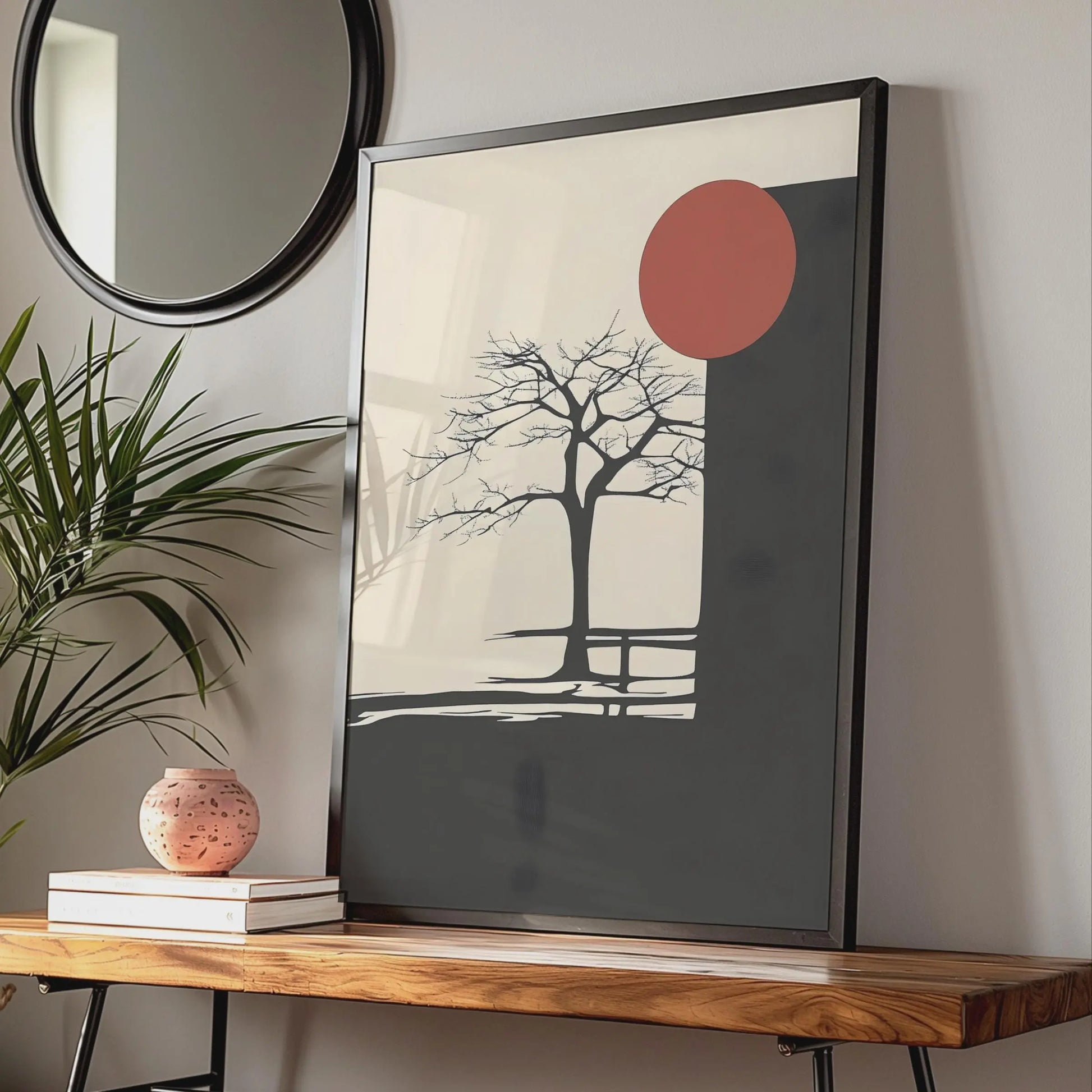 Minimalist Boho Tree Art Print, Abstract Nature Poster, Black Red Sun Wall Art wall art print
