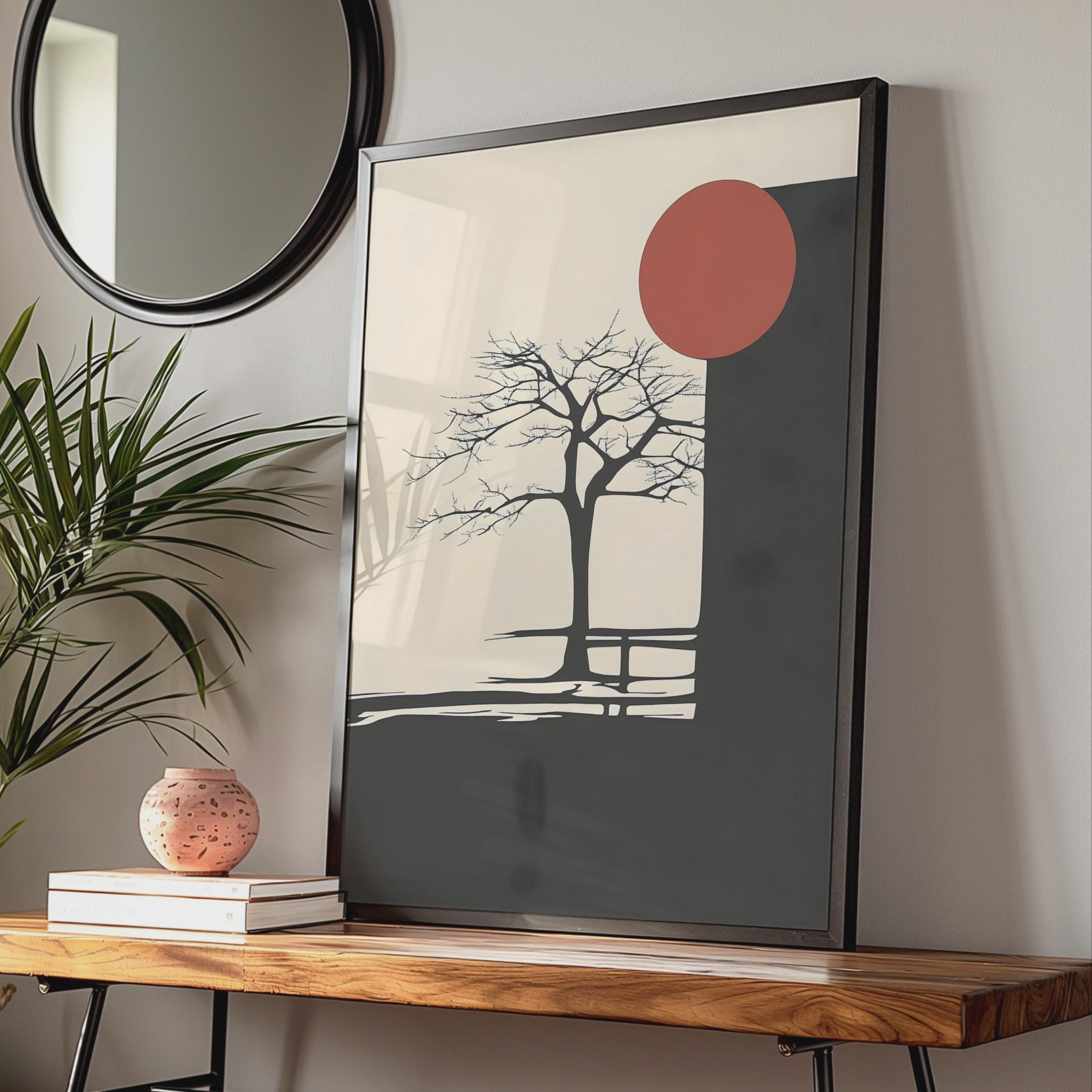 Minimalist Boho Tree Art Print, Abstract Nature Poster, Black Red Sun Wall Art wall art print